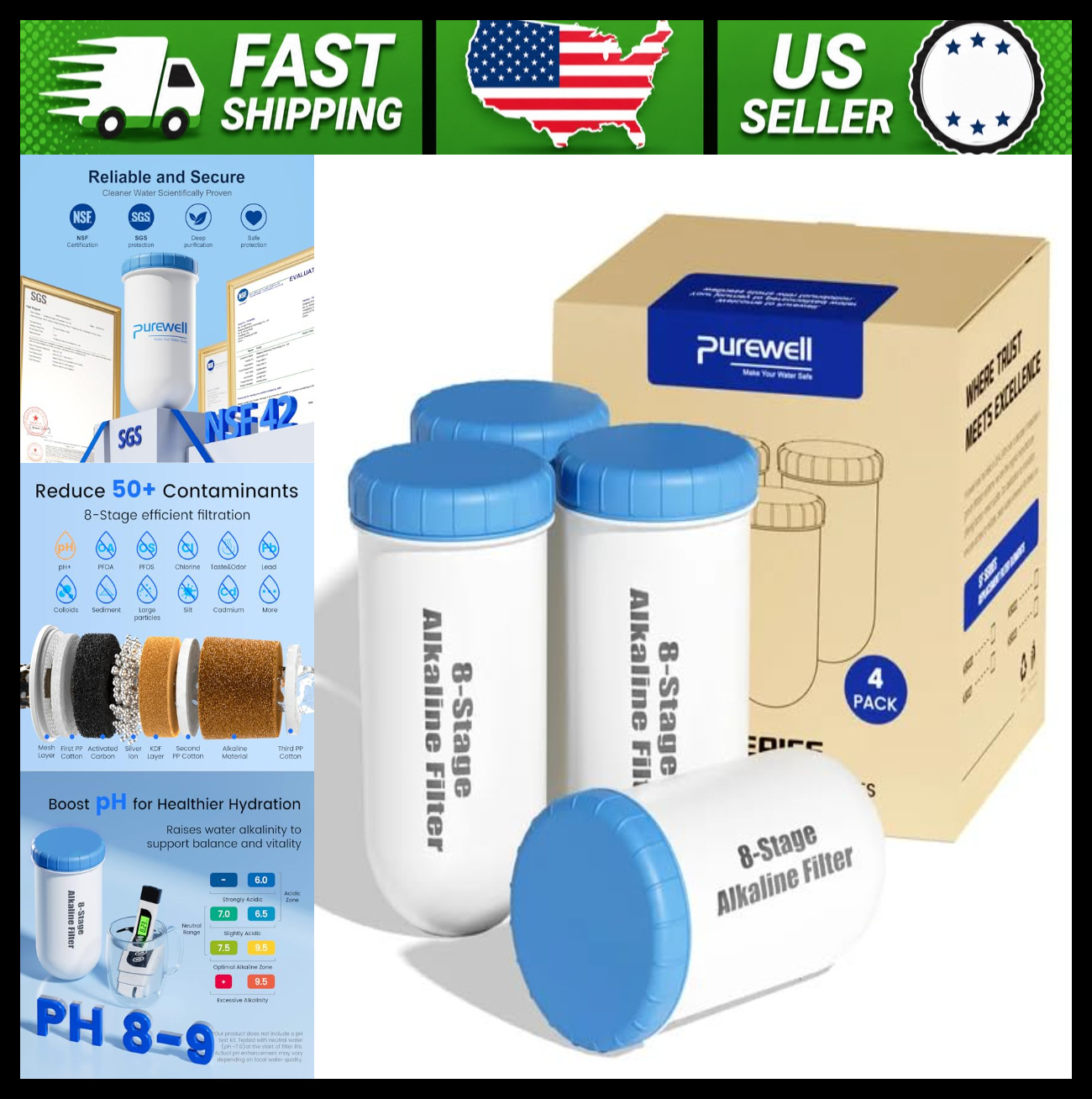 Purewell 8-Stage Alkaline Pitcher Filter Cartridges 4-Pack