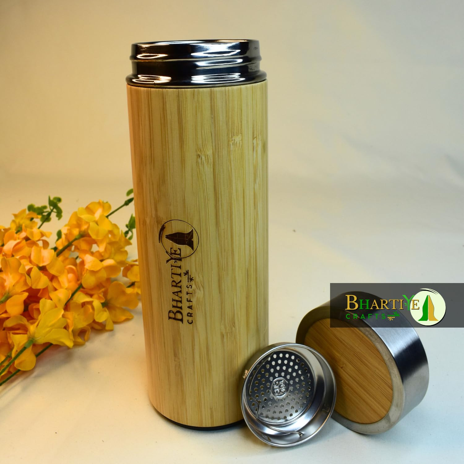 Bhartiye Crafts Bamboo Stainless Steel Insulated Bottle & Milkshake Strainer 500