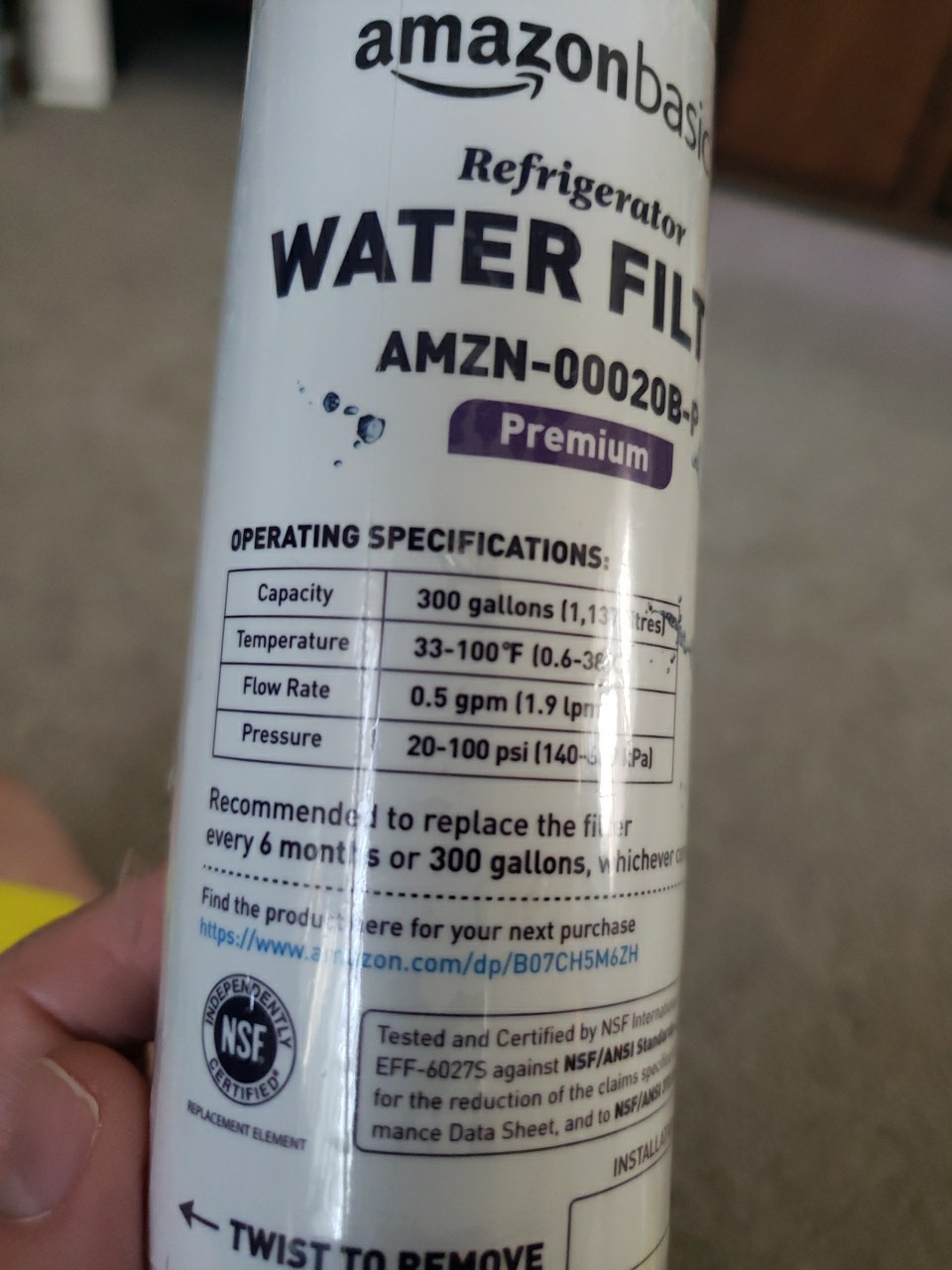 Amazon Basics Refrigerator Water Filter AMZN-00020B-P Premium 6 Months Sealed