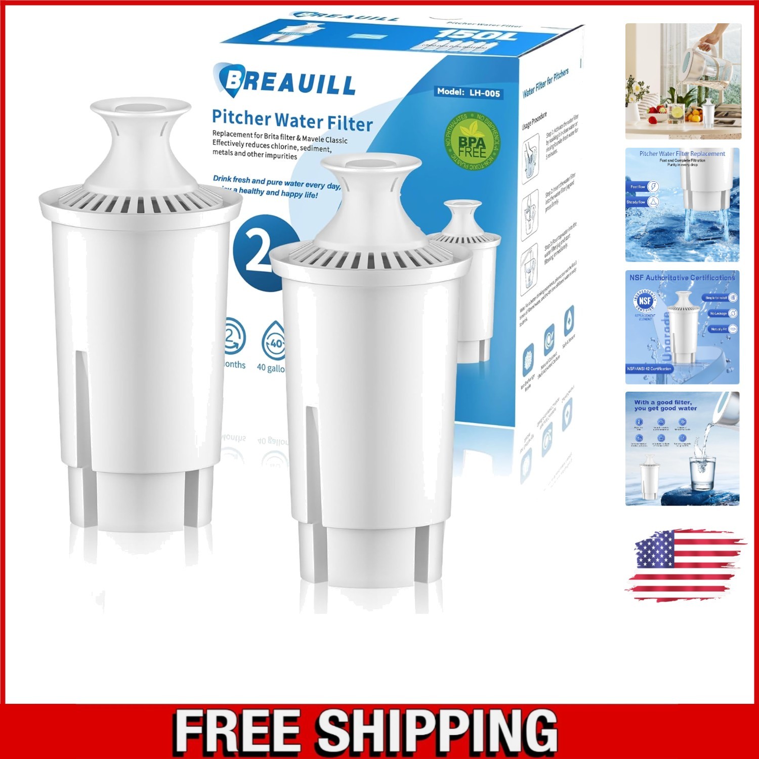 High Flow Water Filter Replacement – NSF Certified, Fits Multiple Pitchers, 2PCS