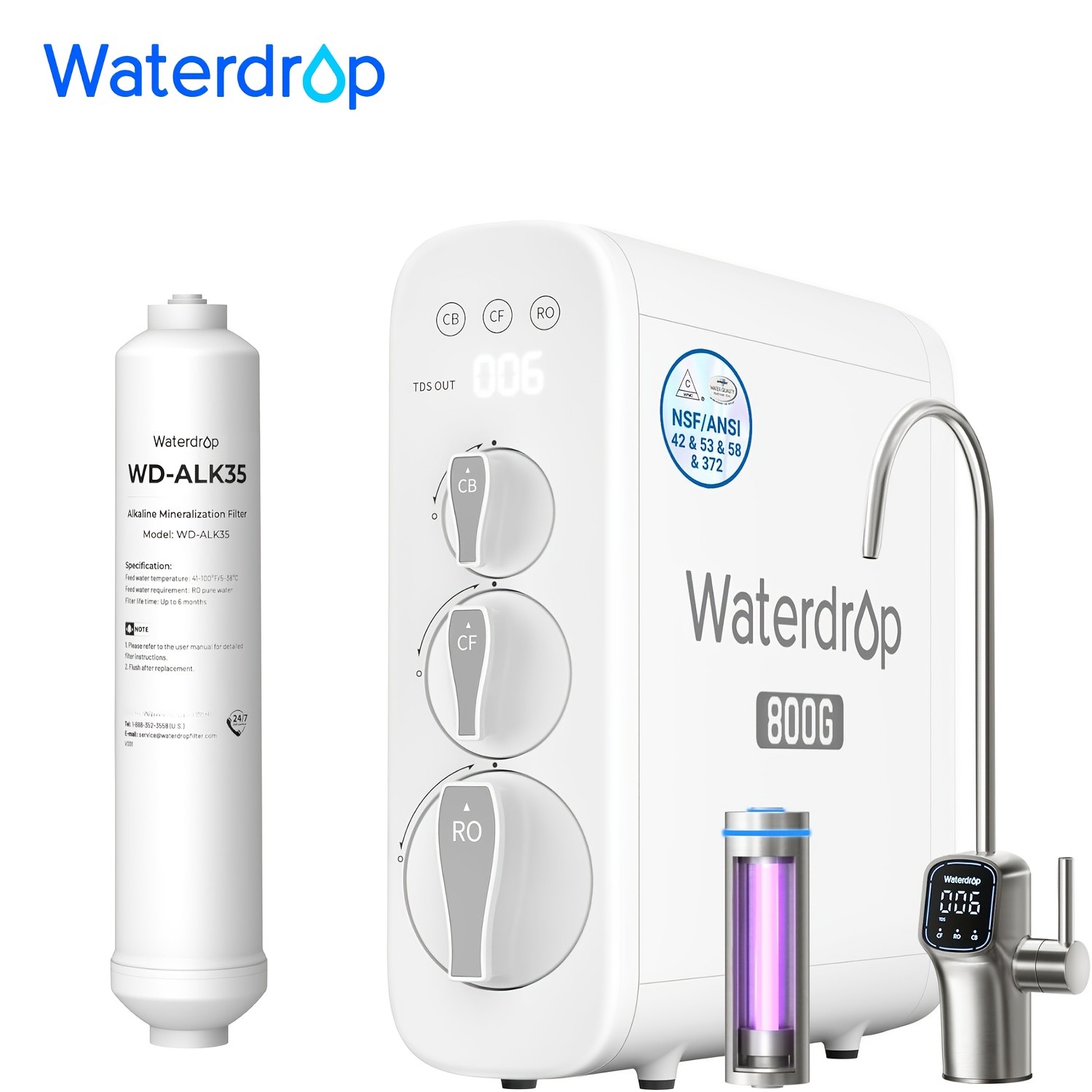 Waterdrop G3P800 Reverse Osmosis System, Extra ALK35 Alkaline Water Filter