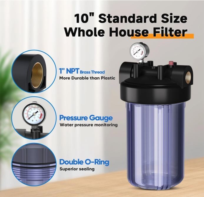 PUREPLUS 10″x4.5″ Whole House Water Filter Housing w/ Pressure Gauge and Filter