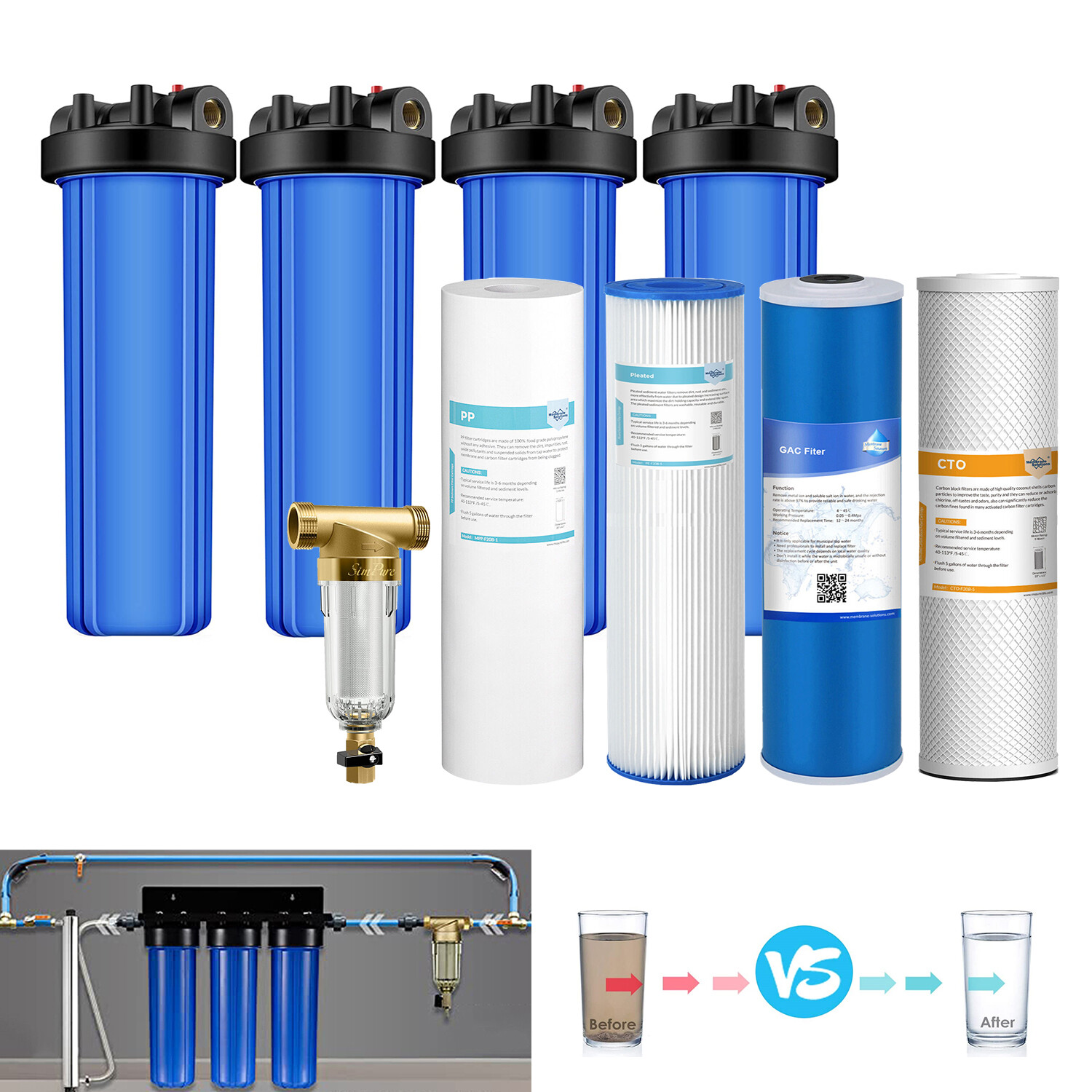 20 Inch Big Blue Whole House Water Filter Housing System 20″ x 4.5″ Cartridge
