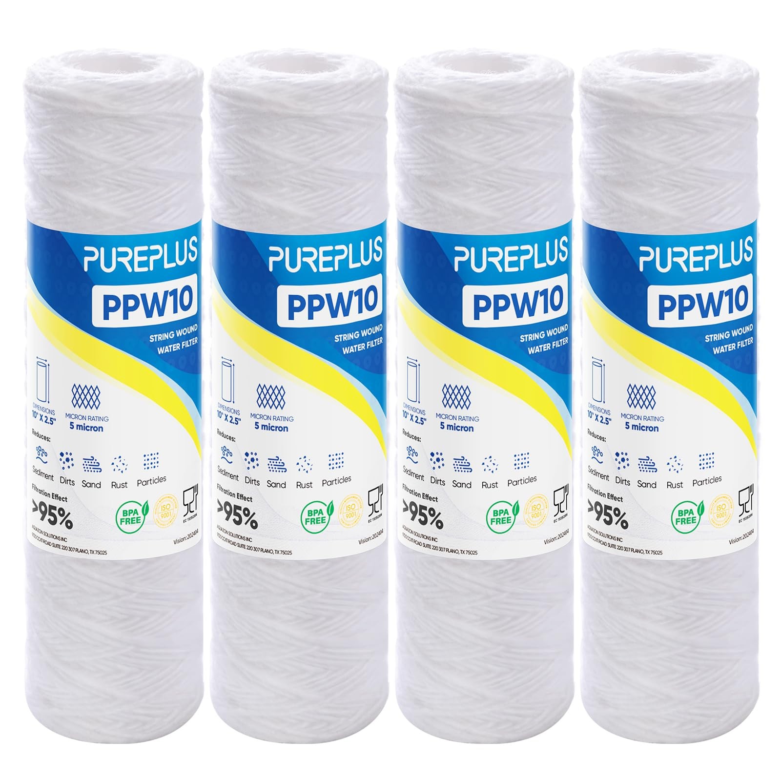 PUREPLUS 5 Micron 10″x2.5″ Whole House String Wound Sediment Filter for Well Wat