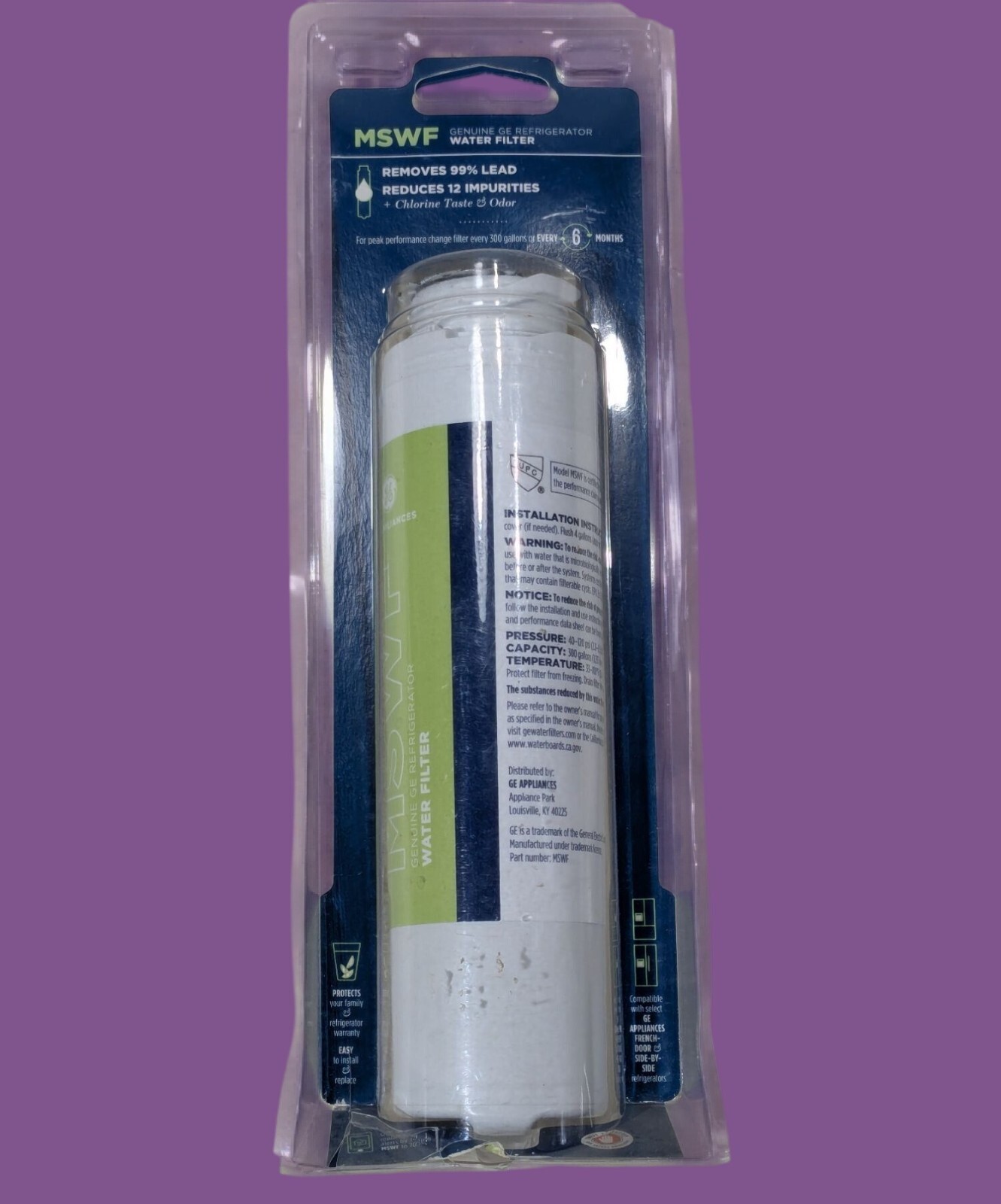 GE MSWF SmartWater Refrigerator Replacement Filter Removes 99% Lead & Impurities