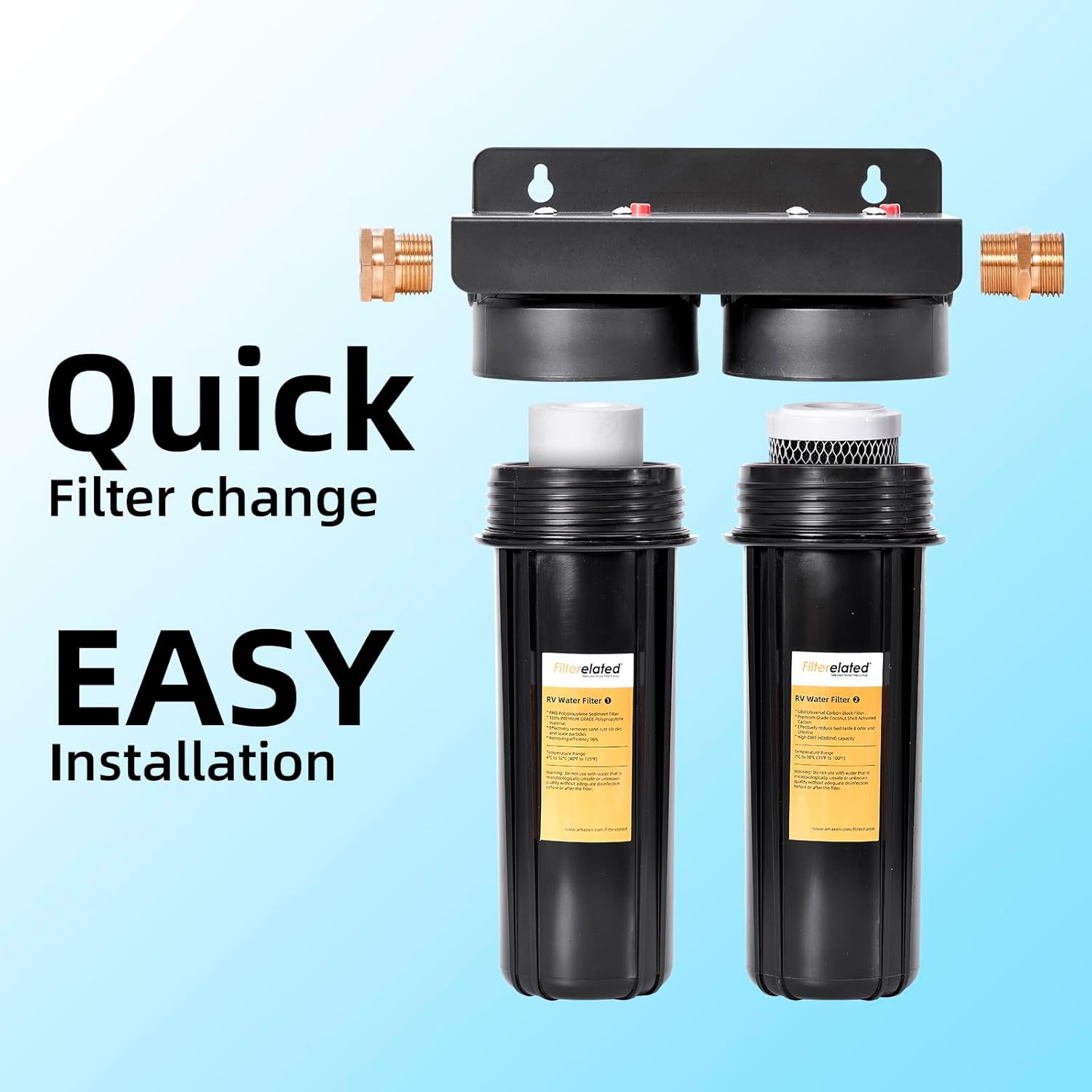 Filterelated RV Dual Water Filter System with 3/4 «Brass Fittings Two Filters In