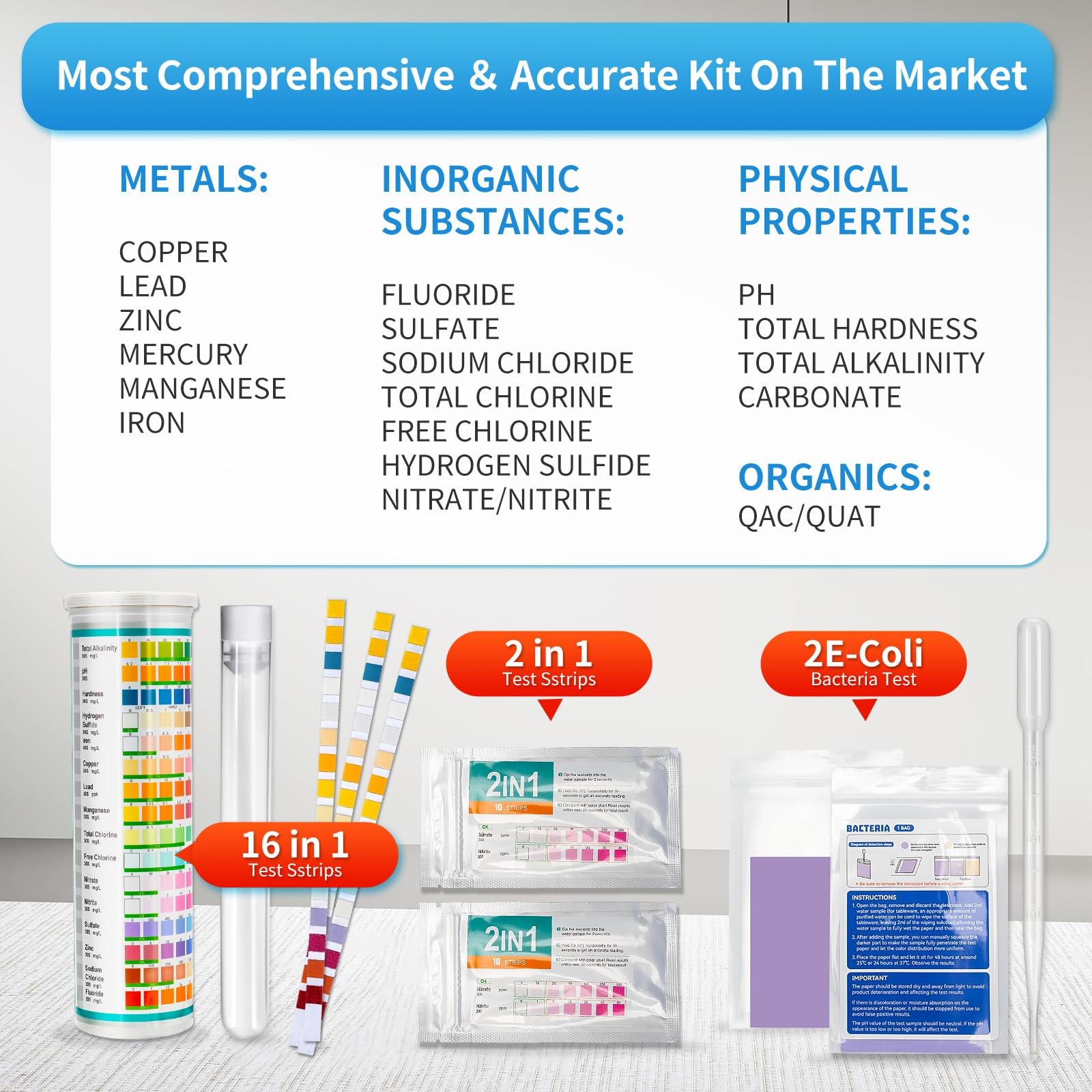 Accevo 20 in 1 Complete Drinking Water Test Kits, 125 Strips-Well, Tap, Blue