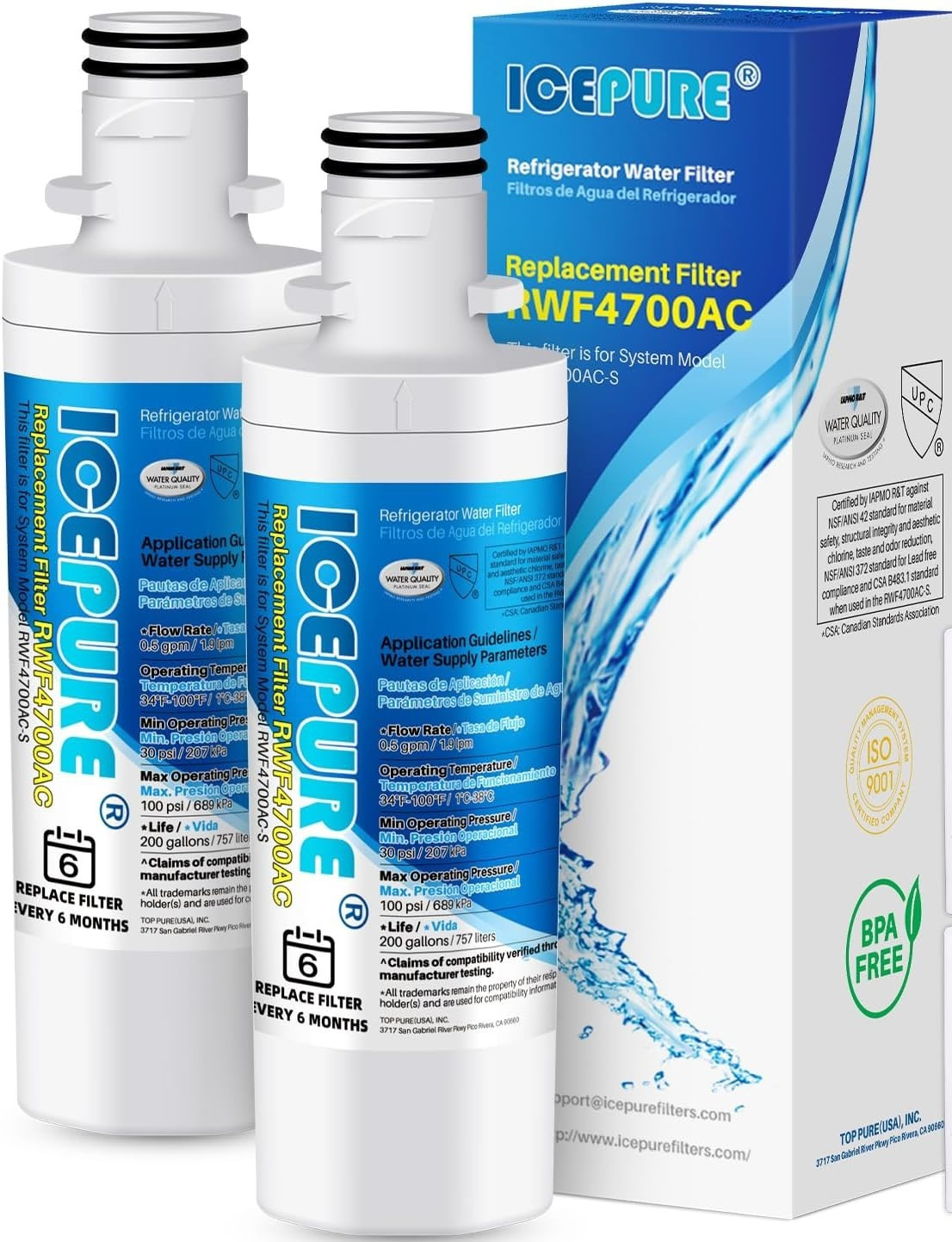 2 PACK RWF4700AC Water Filter Fit for LT1000P, ADQ747935, LMXS28626D, LT1000PC