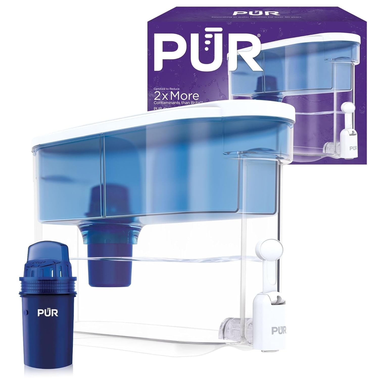 30-Cup Water Filter Dispenser 2-in-1 Filtration Dishwasher Safe White Blue