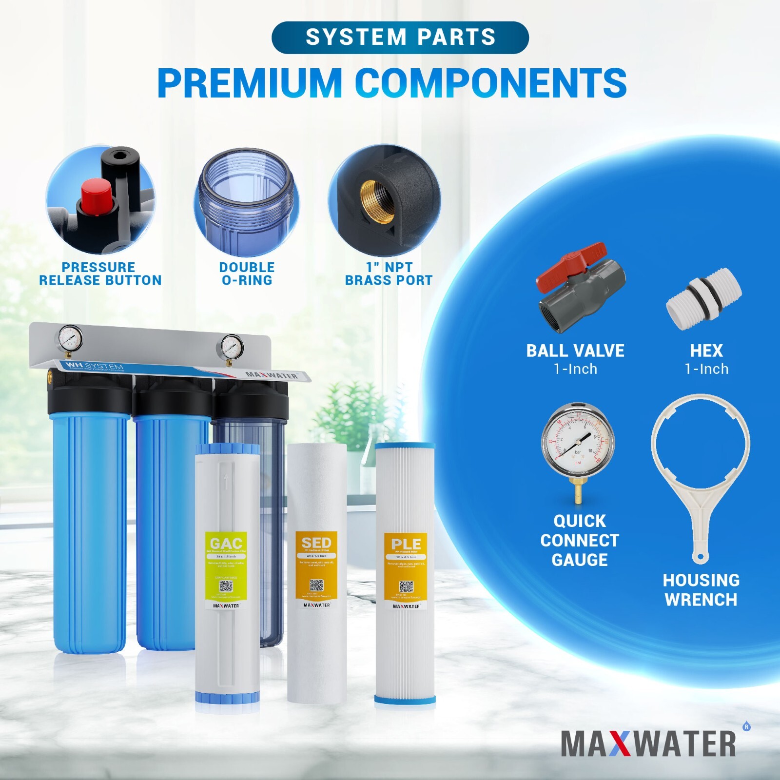 Max Water 3 Stage 20″x4.5″ Big Blue 1″ Whole House Water Filter/2 Pressure Gauge
