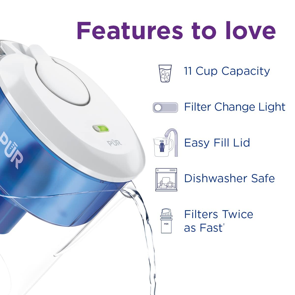 PUR 11 Cup Water Filter Pitcher Blue White NSF Certified 2 in 1 Filtration