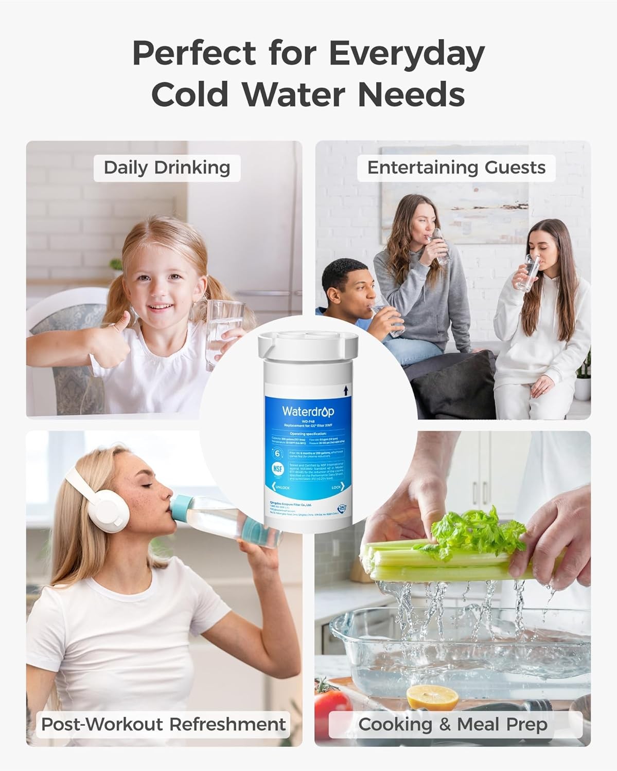 Waterdrop XWF Refrigerator Water Filter, Replacement for GE® XWF, 4 Filters