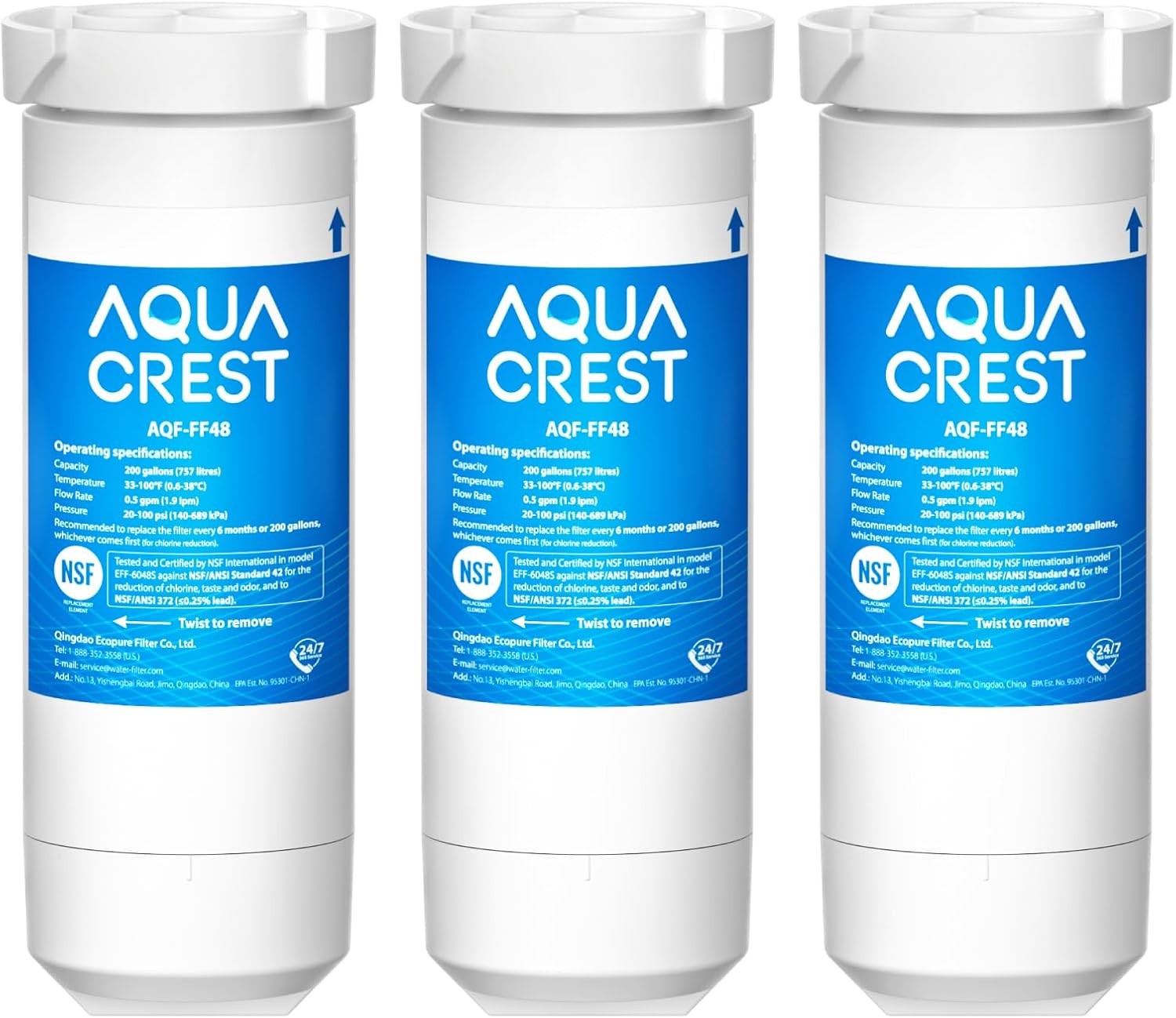 AQUA CREST XWF Refrigerator Water Filter, Replacement for GE®, 3-Pack (No-chip)