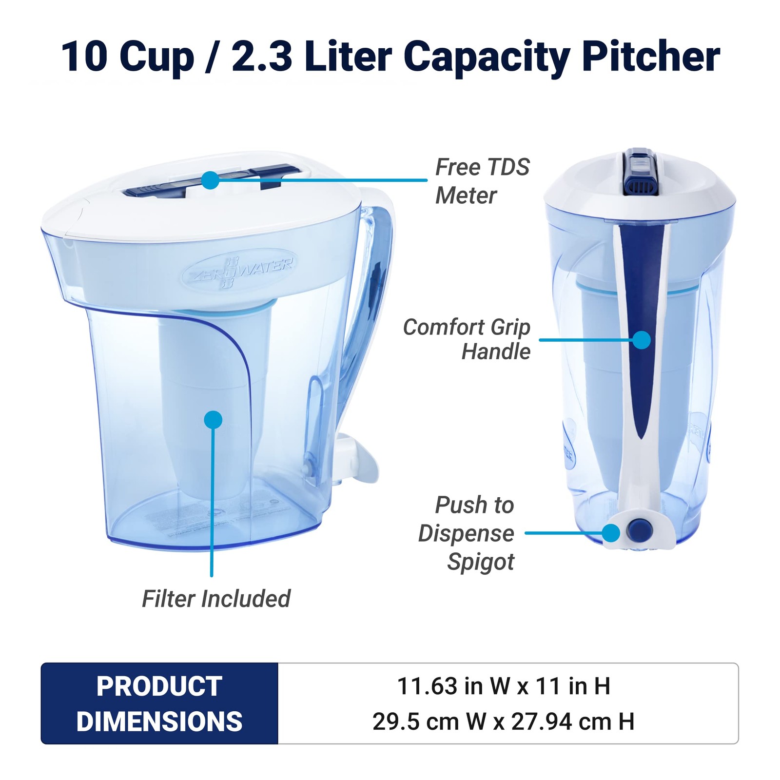 ZeroWater 10-Cup Ready-Pour 5-Stage Water 10 Cup Pitcher, Blue and White