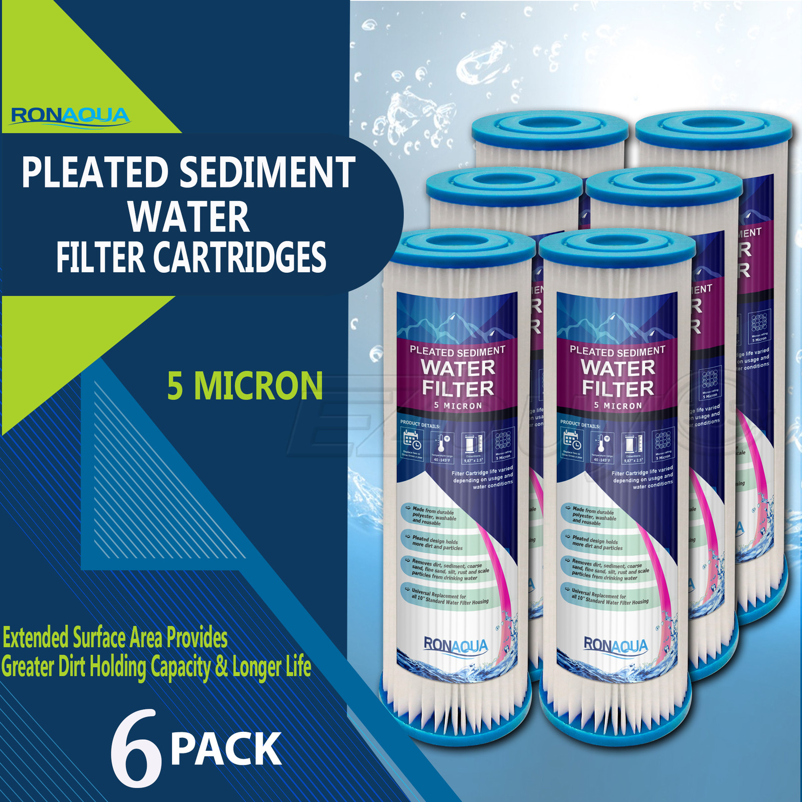 Pleated Sediment Water Filters 6 Washable 5 Micron Cartridges 9.87″x 2.5