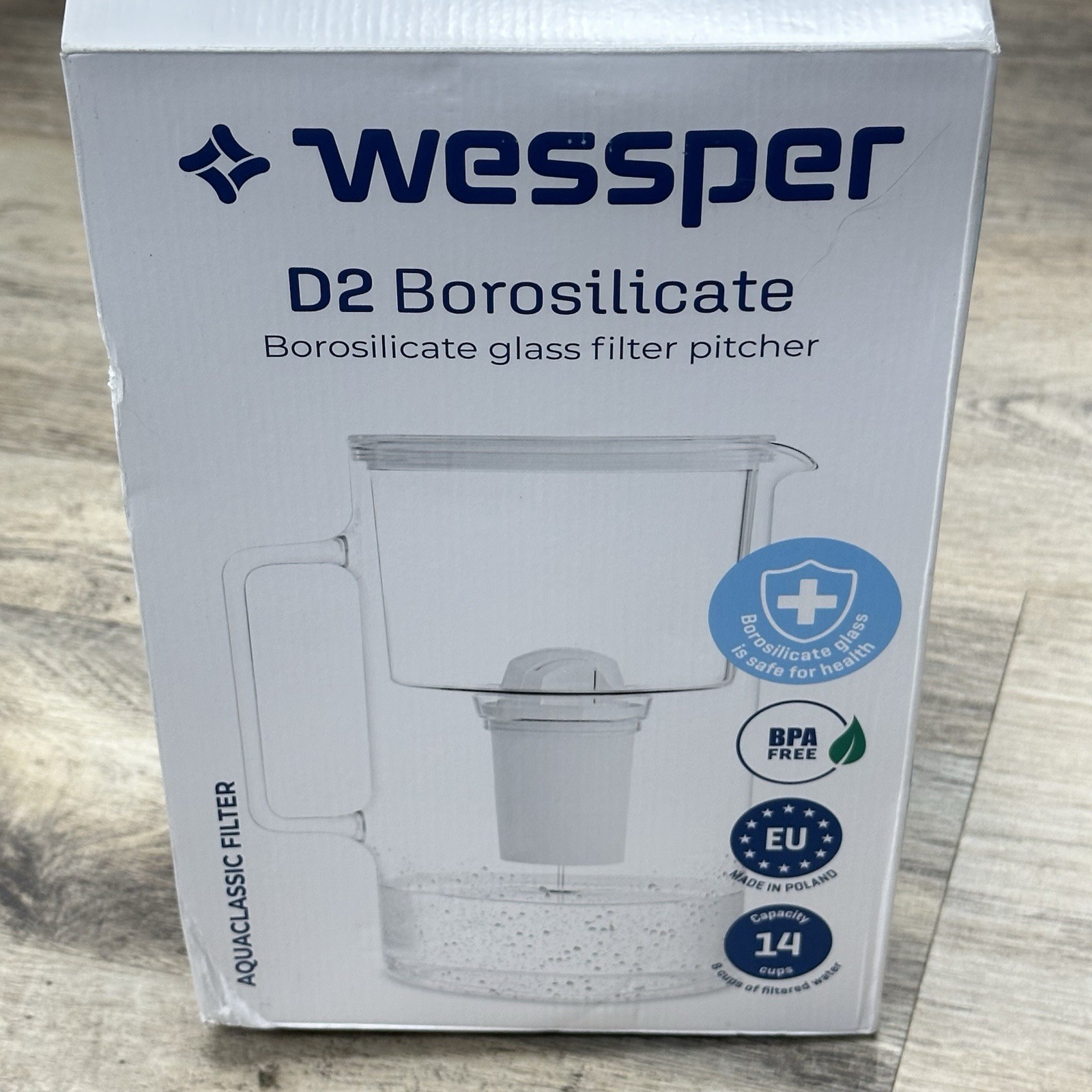 Wessper D2, 2-in-1 Glass Water Filter Pitcher & Carafe, 8-Cup Capacity, Teal