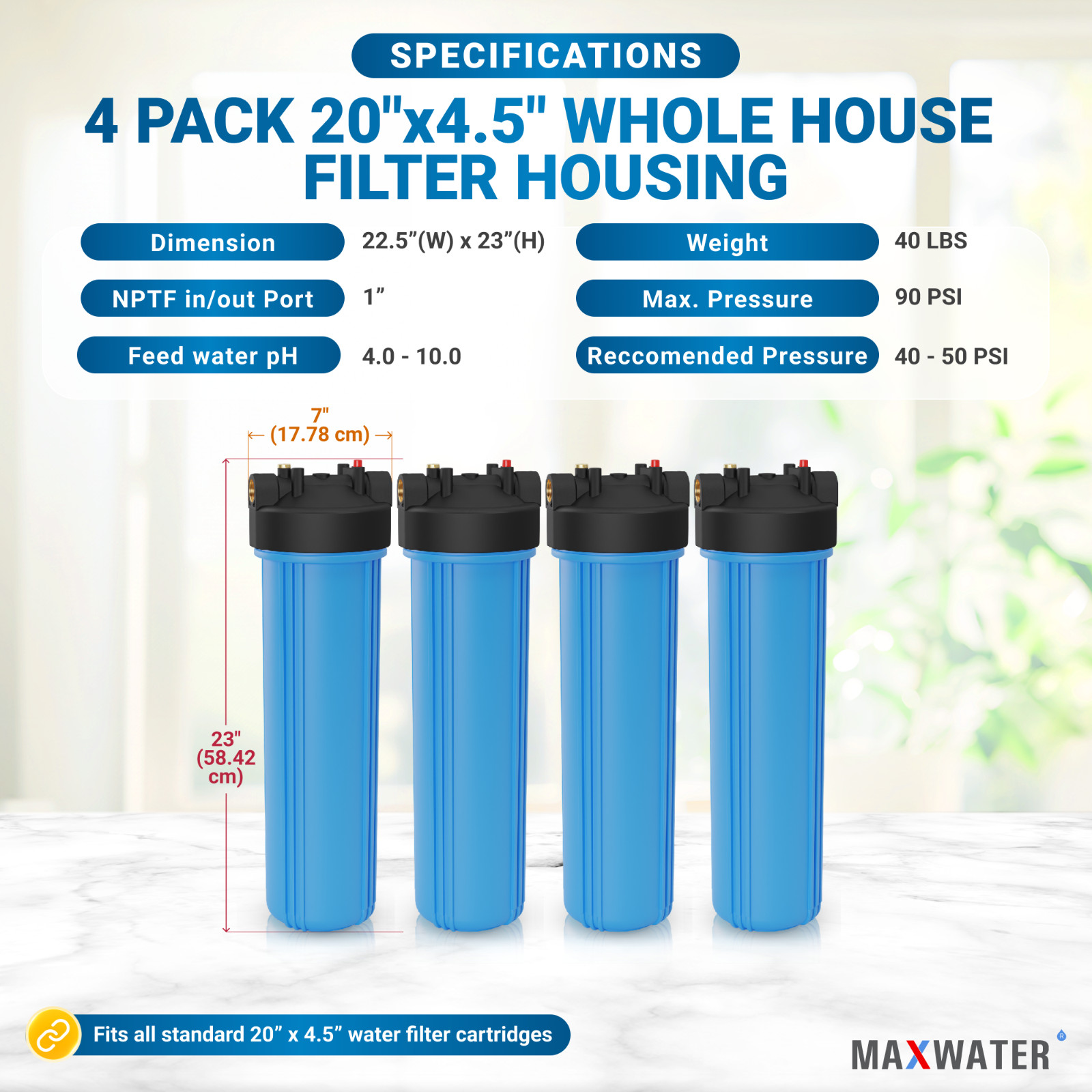20″ Big Blue Whole House Water System Filter Housing With Pressure Gauge Hole 1″