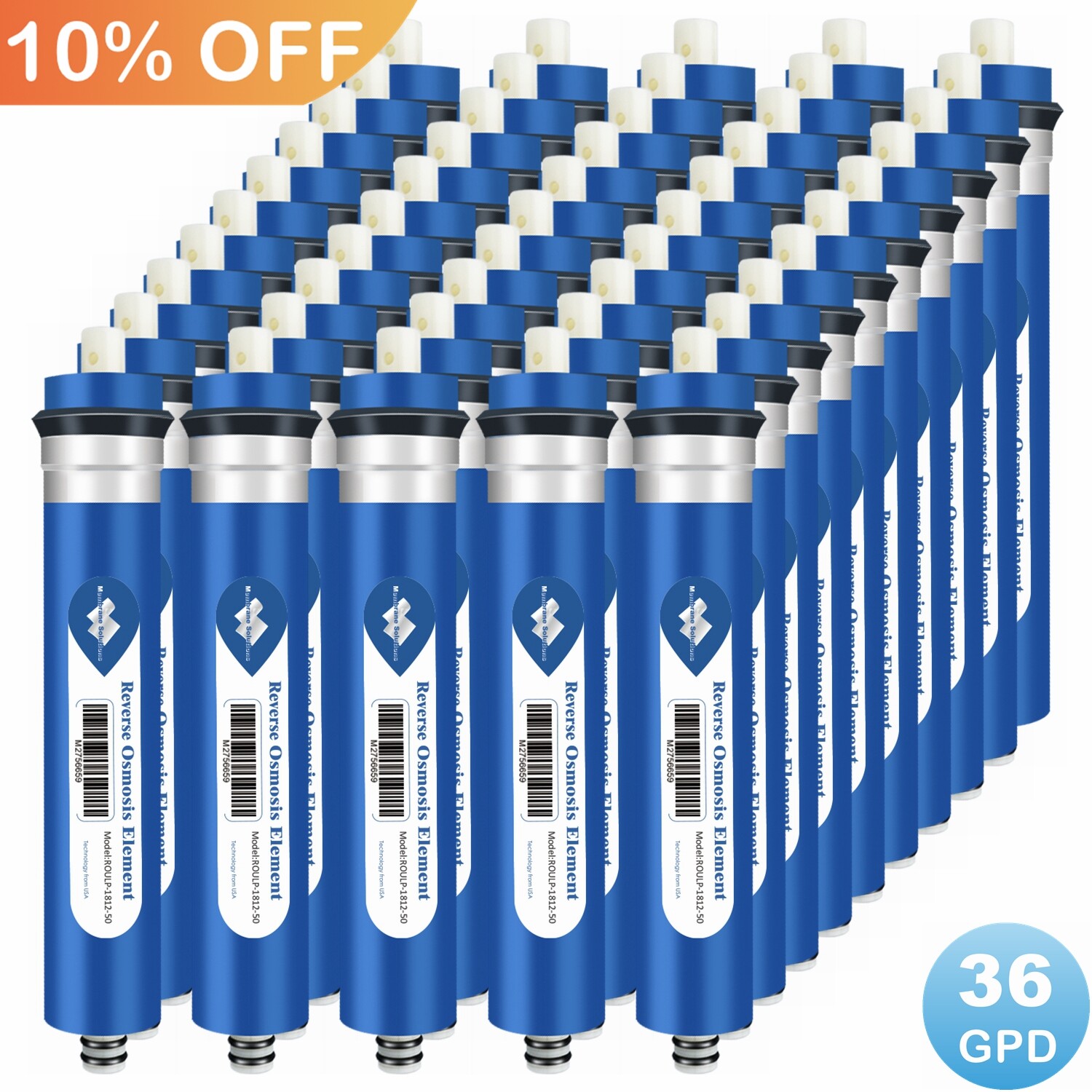 50 Pack 36 GPD RO Membrane Water Filter Fit Most 10-inch Reverse Osmosis Systems