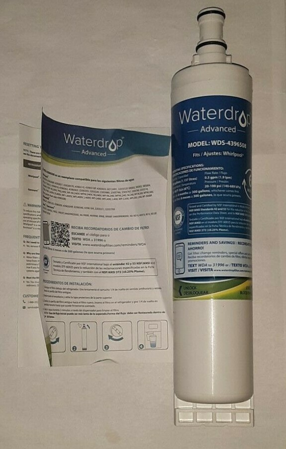WATERDROP WDS-4396508 6 MONTH 300gal WATER REFRIGERATOR FILTER FOR WHIRLPOOL nib