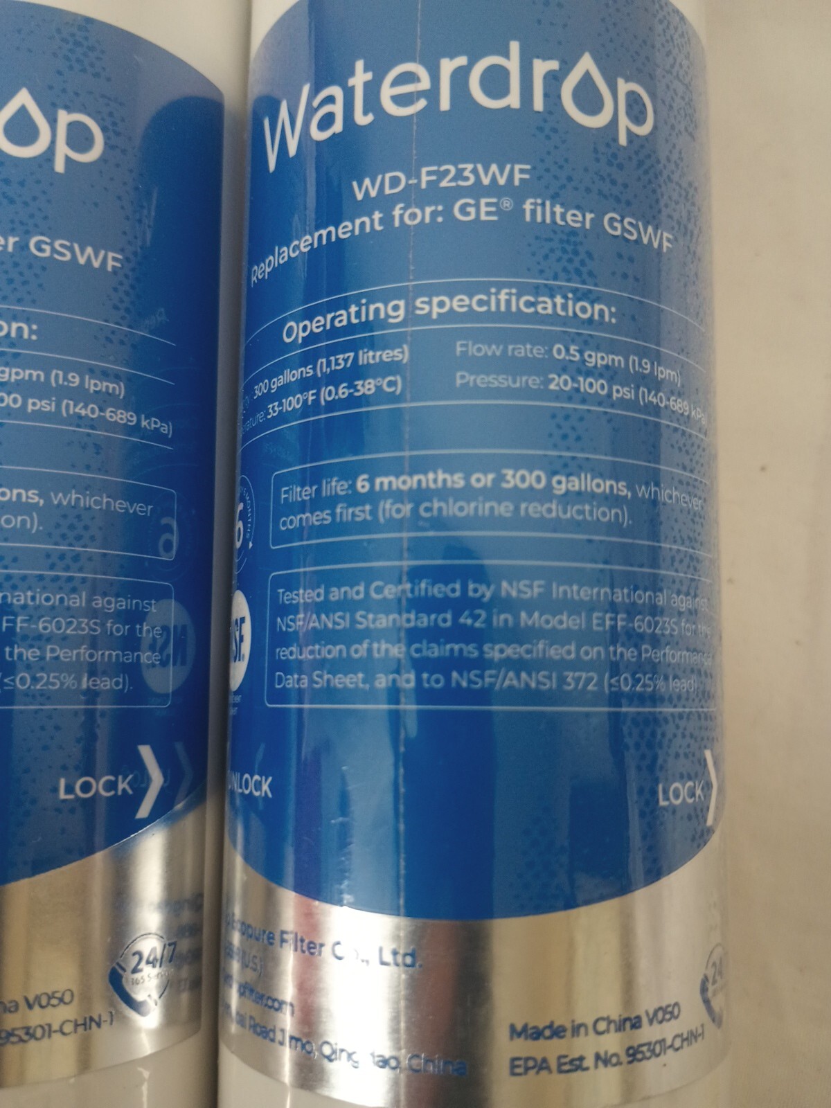 Lot Of 2 Waterdrop WD-F23WF Water Filter 300 Gallons Flow Rate .5gpm 20-100 psi