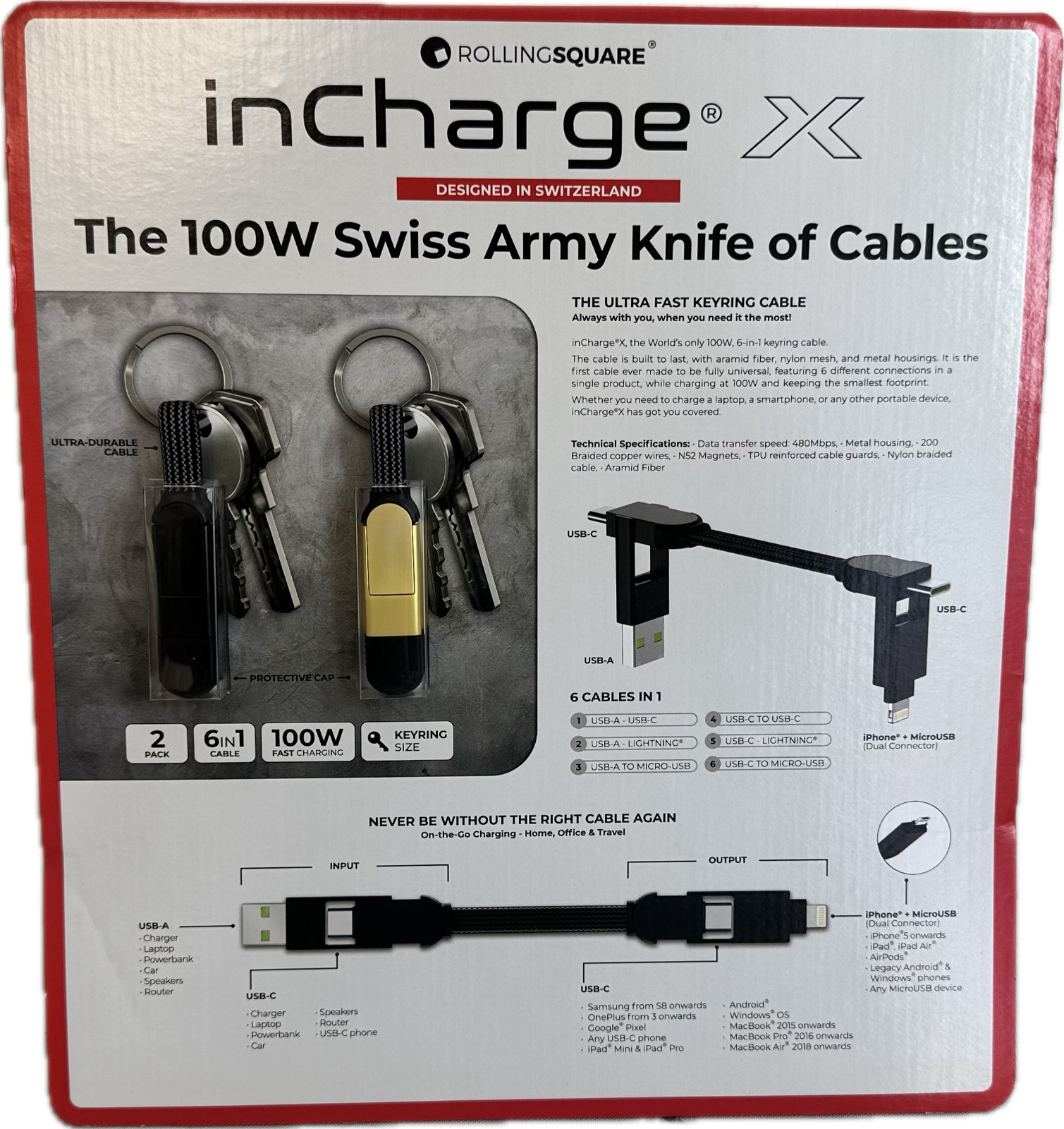 Rolling Square inChargeX 2Pack 100 Watt Swiss Army Knife Of Cables Key (New)