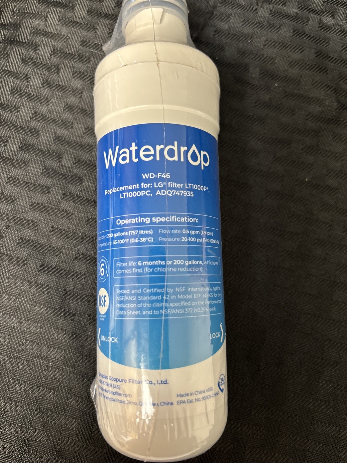 Waterdrop Model WD-F46 Refrigerator Water Filter Replacement New No Box Sealed