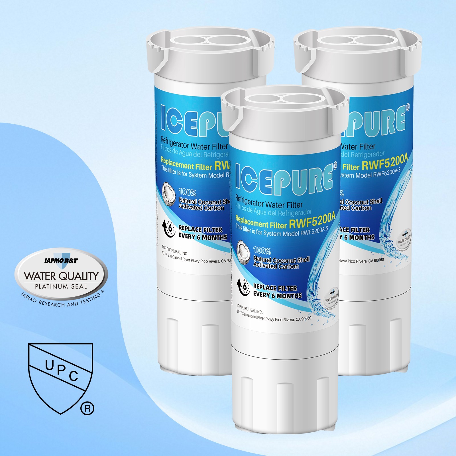 ICEPURE RWF5200A Water Filter Compatible for XWF (NOT XWFE), WR17X30702, 3PACK