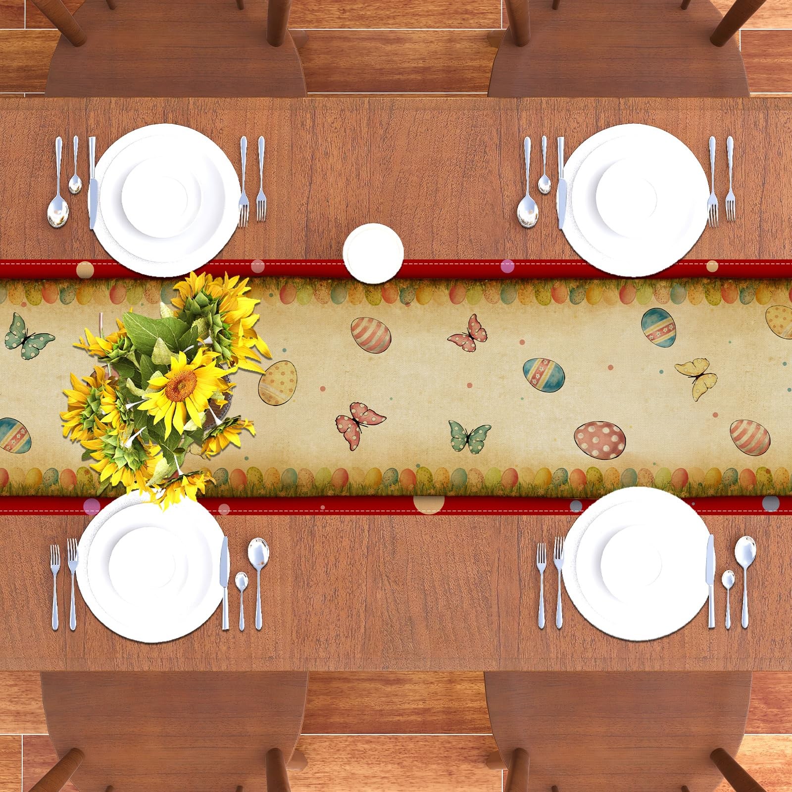Vintage Easter Table Runner Retro Style Bunny 13×72 inches, Multi Color