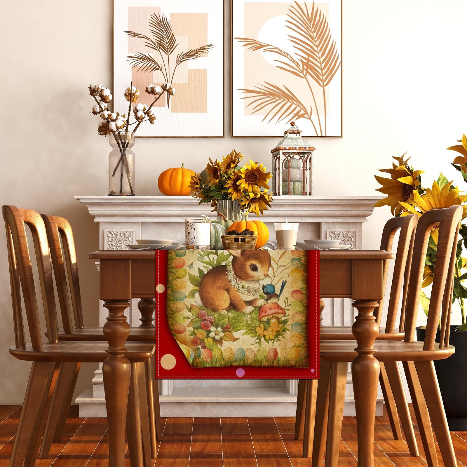Vintage Easter Table Runner Retro Style Bunny 13×72 inches, Multi Color