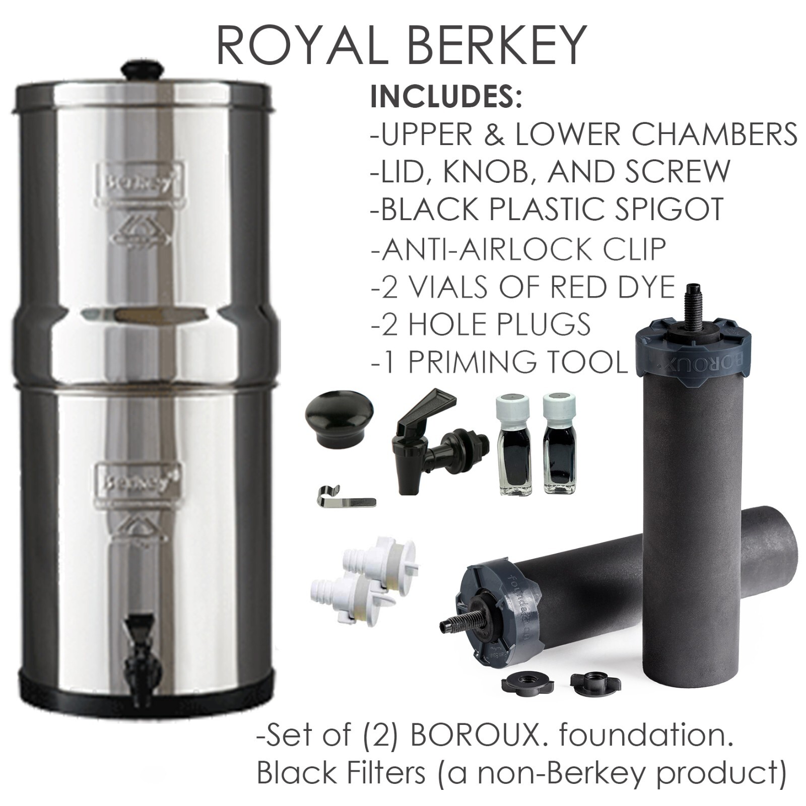 Royal Berkey Unit- w/ BOROUX. foundation. Black Filters