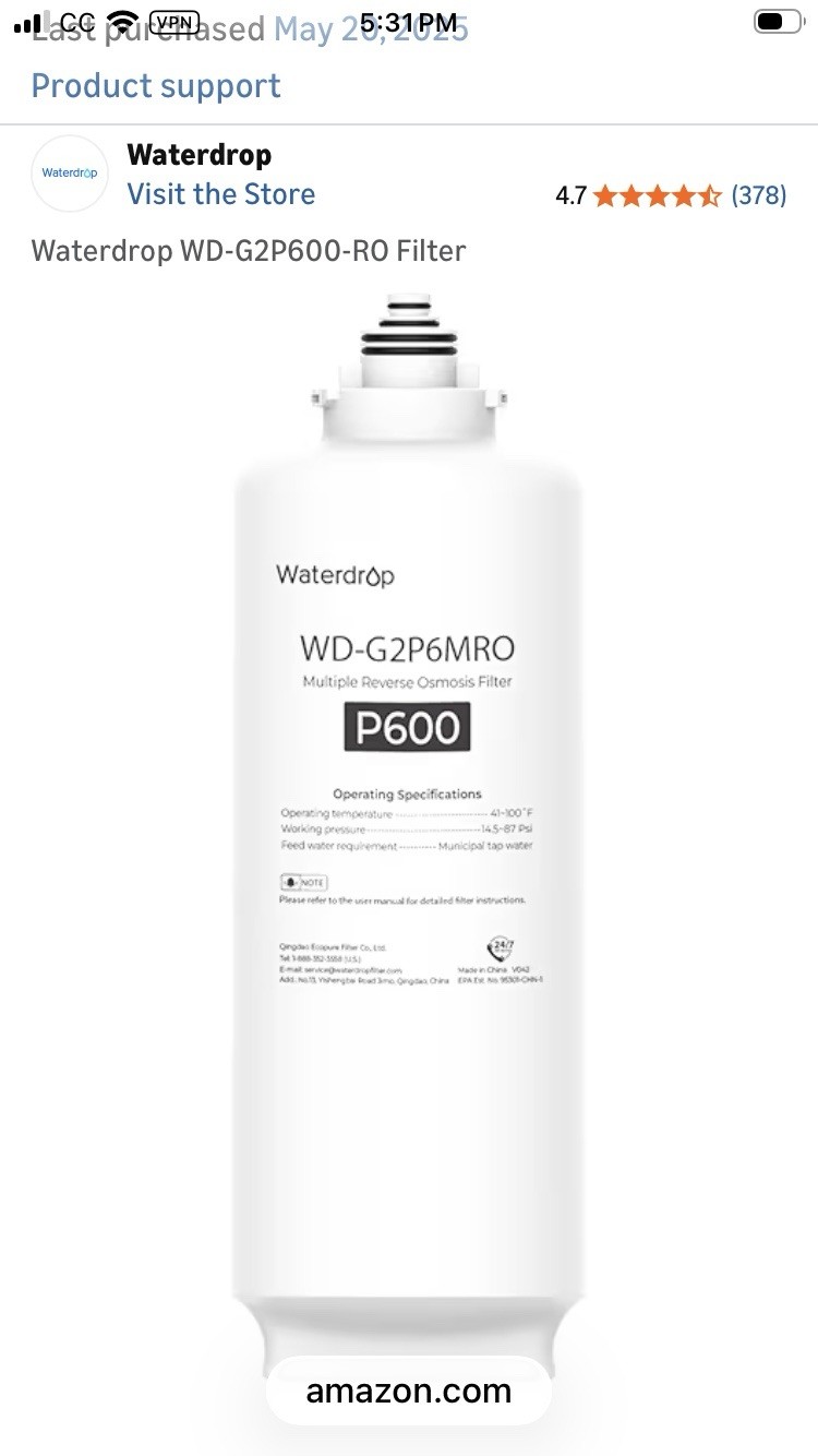 Waterdrop WD-G2P600-RO Filter Replacement for WD-G2P600-W Reverse Osmosis System