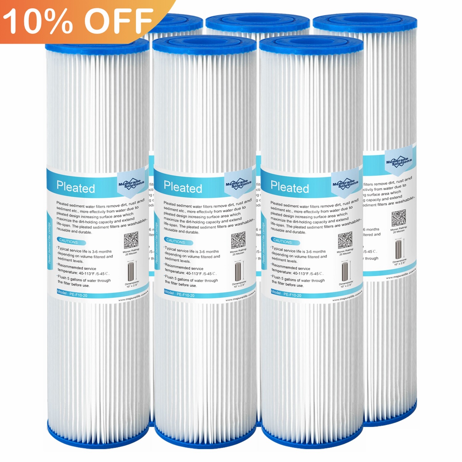 6 Pack Washable Pleated Whole House Sediment Water Filter Replacement 10″ x 2.5″