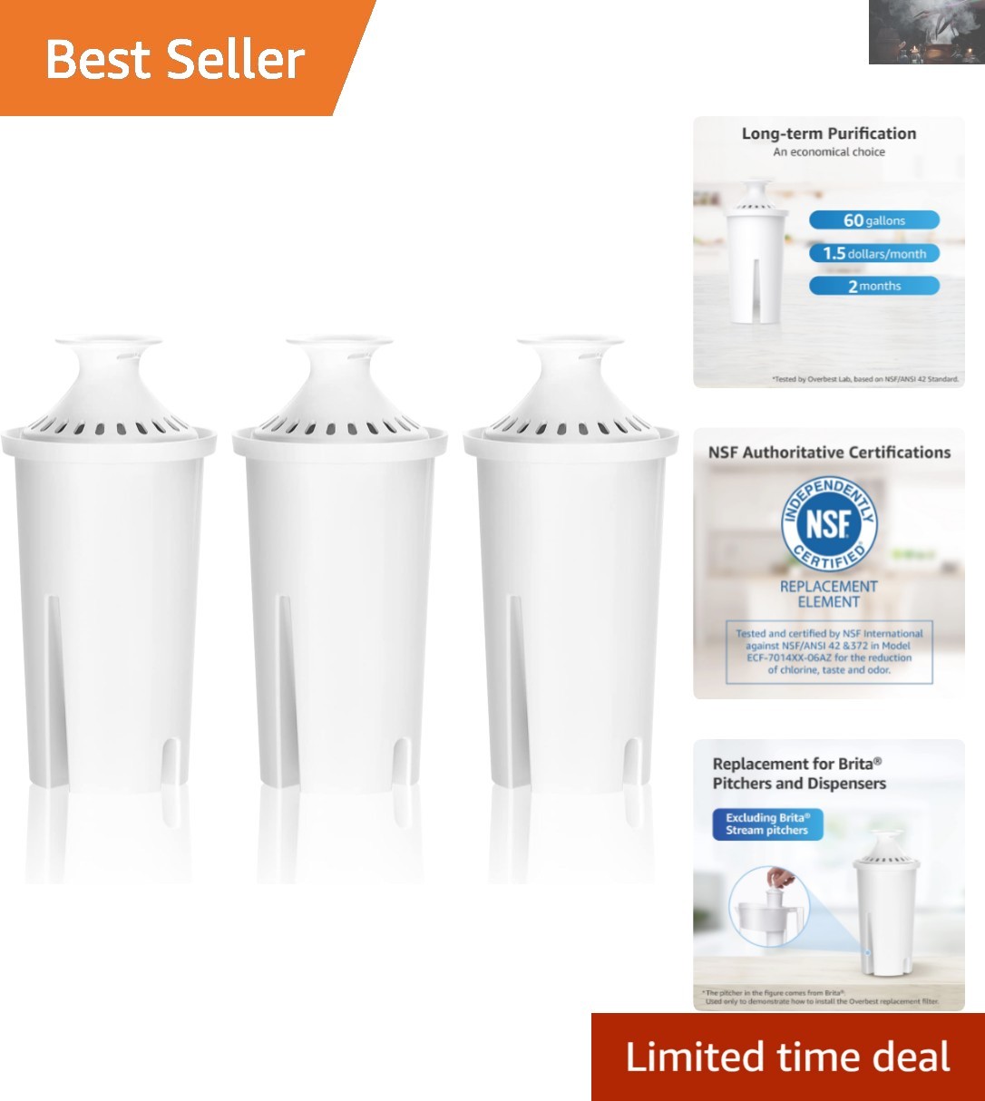 7006 Brita Pitcher Filter Replacement – Reduces Chlorine & Odor, 3 Count