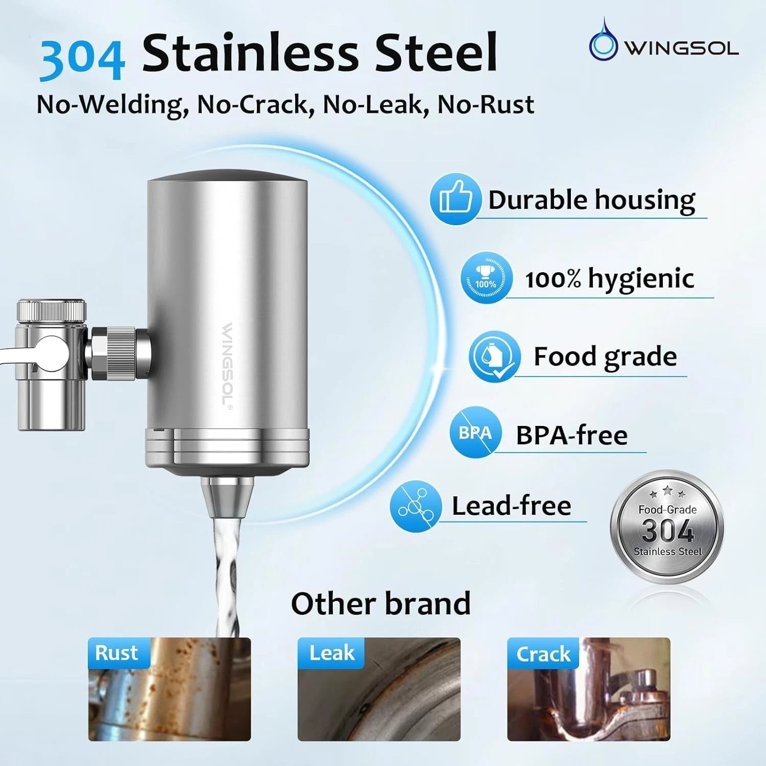 Stainless Steel Faucet Water Filter with 360° Rotation