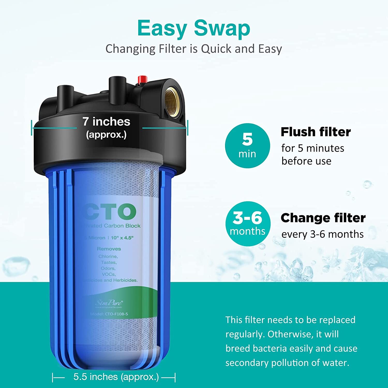 SimPure Whole House Water Filter, 10″ x 4.5″ Big Activated Carbon Block Filter