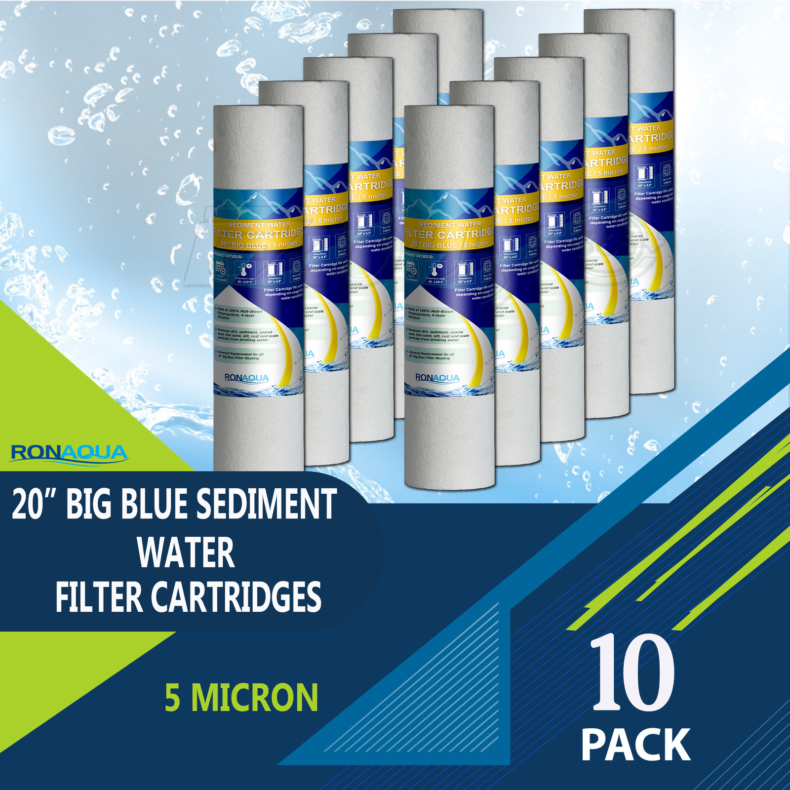 Big Blue Sediment Replacement Water Filters 5 Micron 4.5″ x 20″ Set of 10