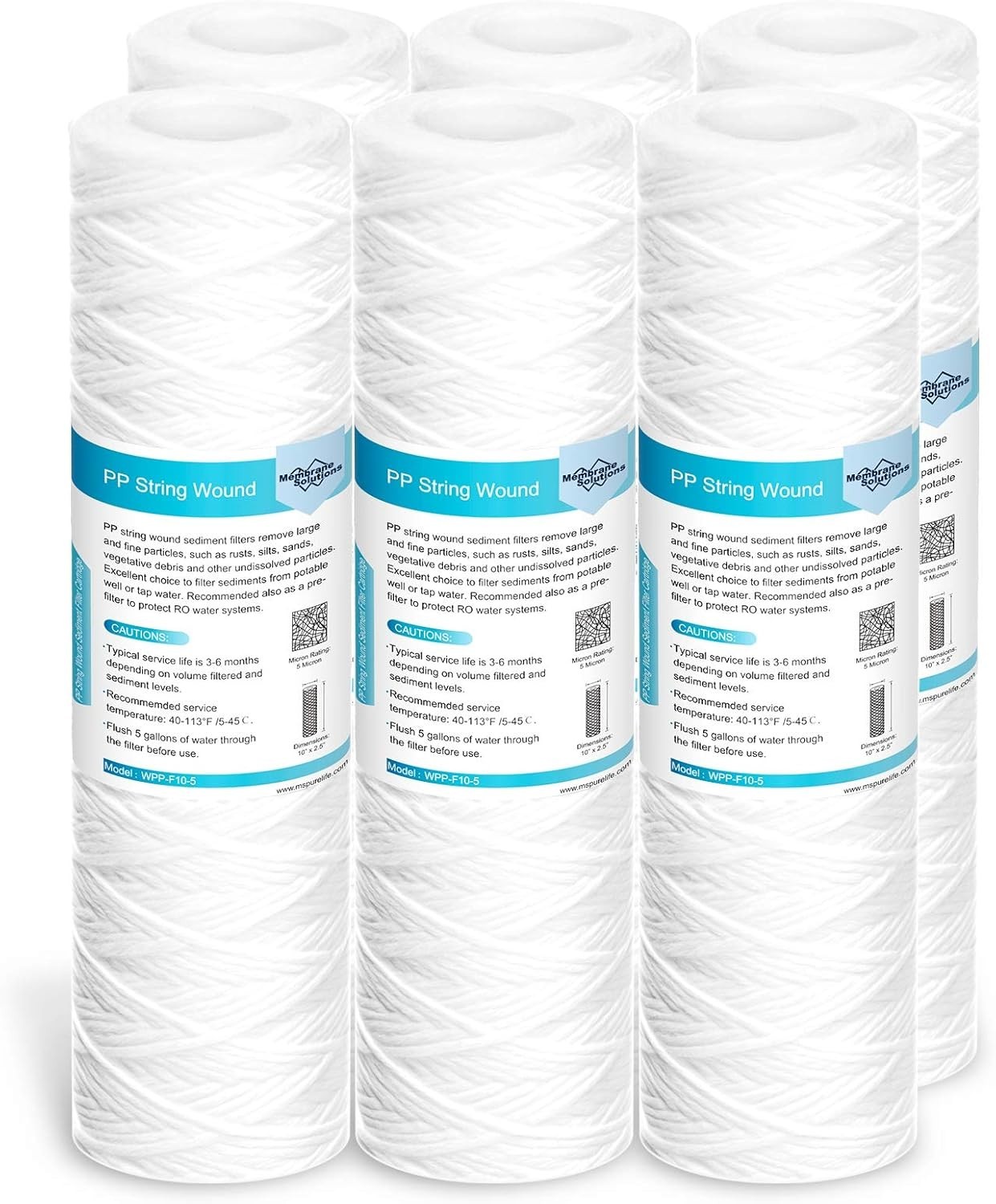 6-Pack 10″x2.5″ 5 Micron String Wound Water Filters for Whole House Filtration