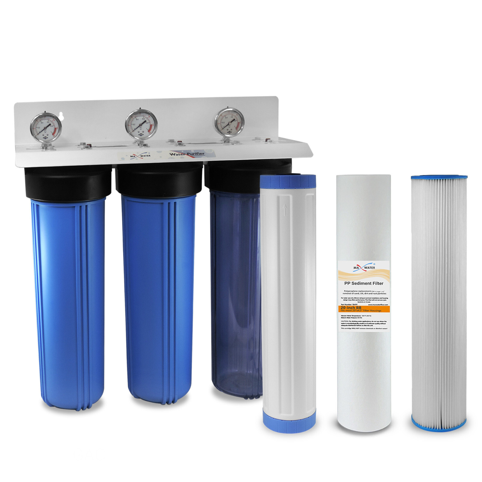 Max Water 3Stage 20″ Big Blue 1″ Port Whole House Water Filter +Pressure Gauge D