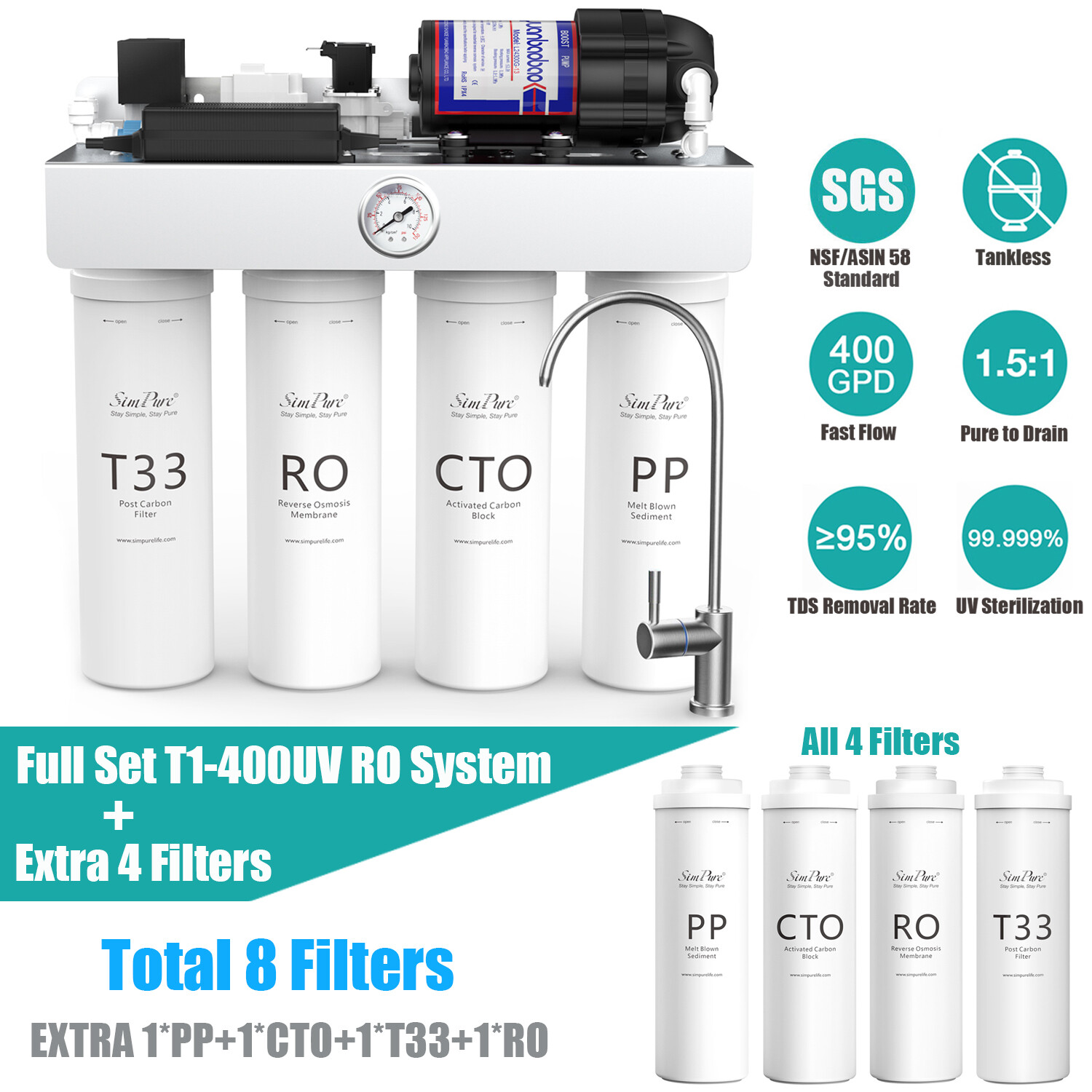 SimPure T1-400 8 Stage UV Tankless Reverse Osmosis Water Filter System+4 Filters