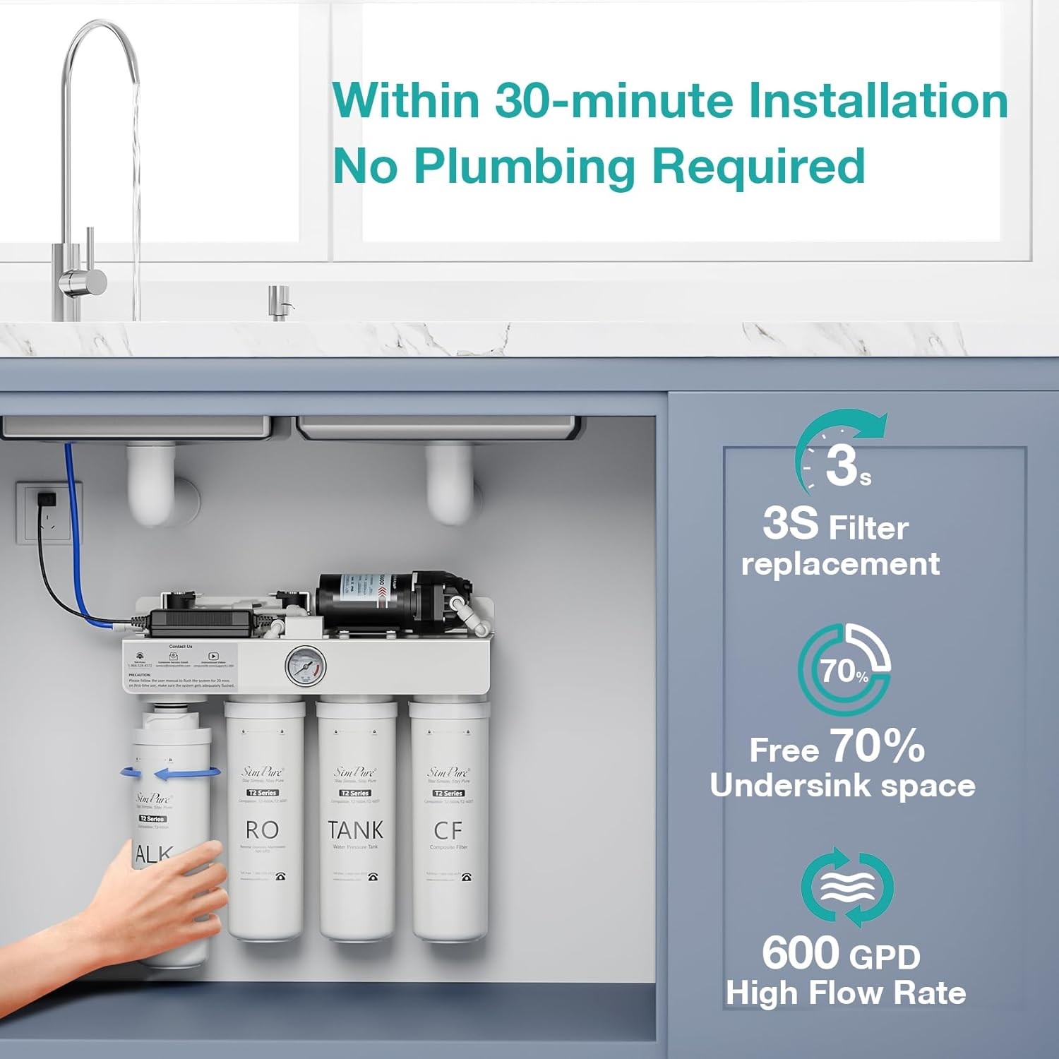 SimPure T2-600A Reverse Osmosis Water Filter System Alkaline Water, NSF/ANSI 58