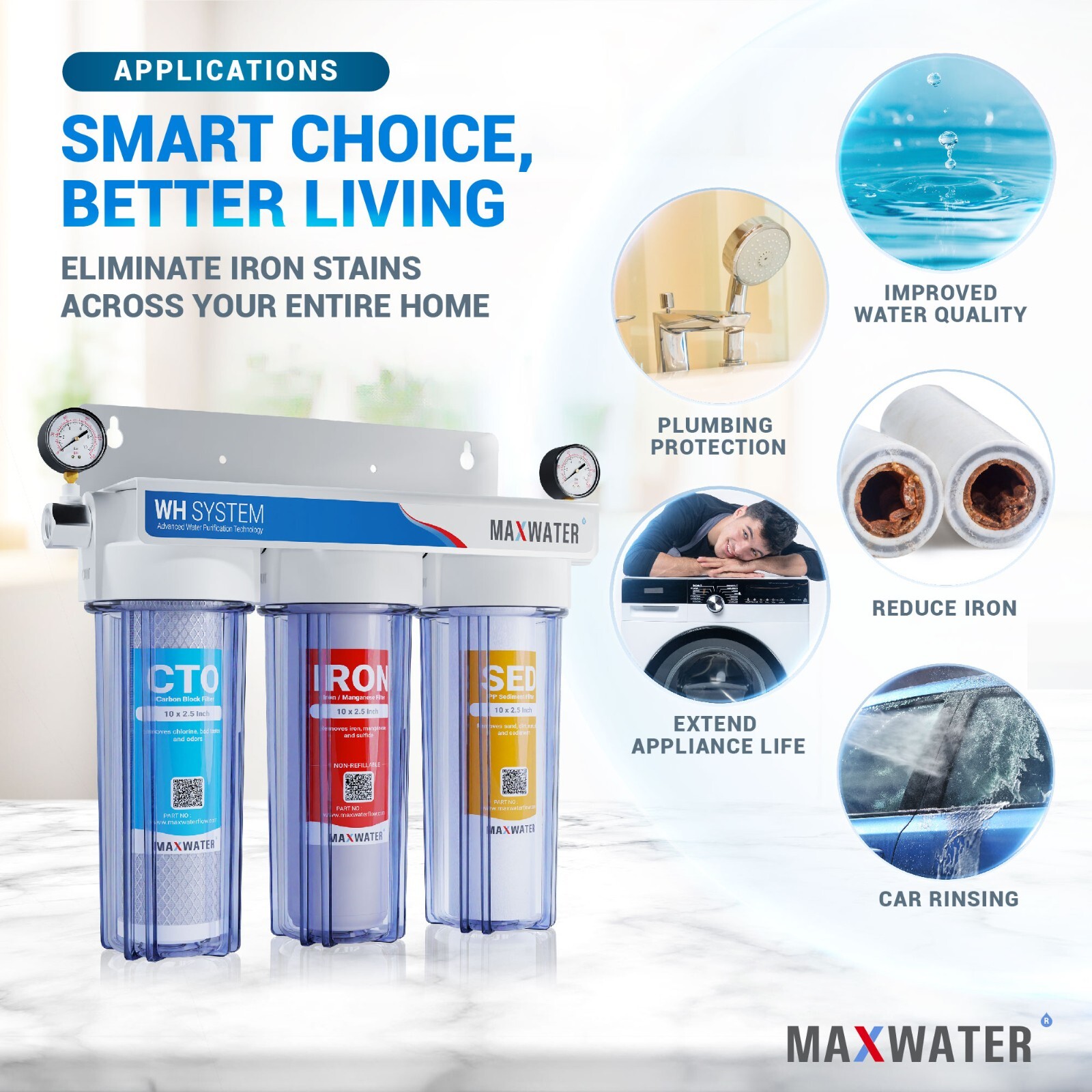 Max Water 3 Stages 10″x 2.5″ 3/4″ Port Whole House Iron Manganese Water Filter