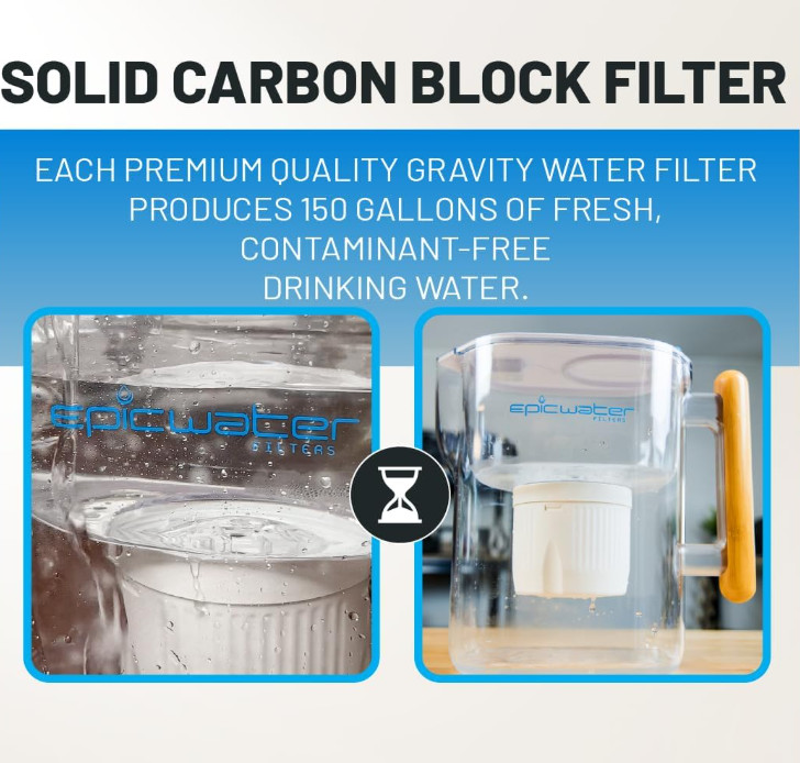 10-Cup Water Filter Pitcher, BPA-Free, 150 Gal, White & Bamboo