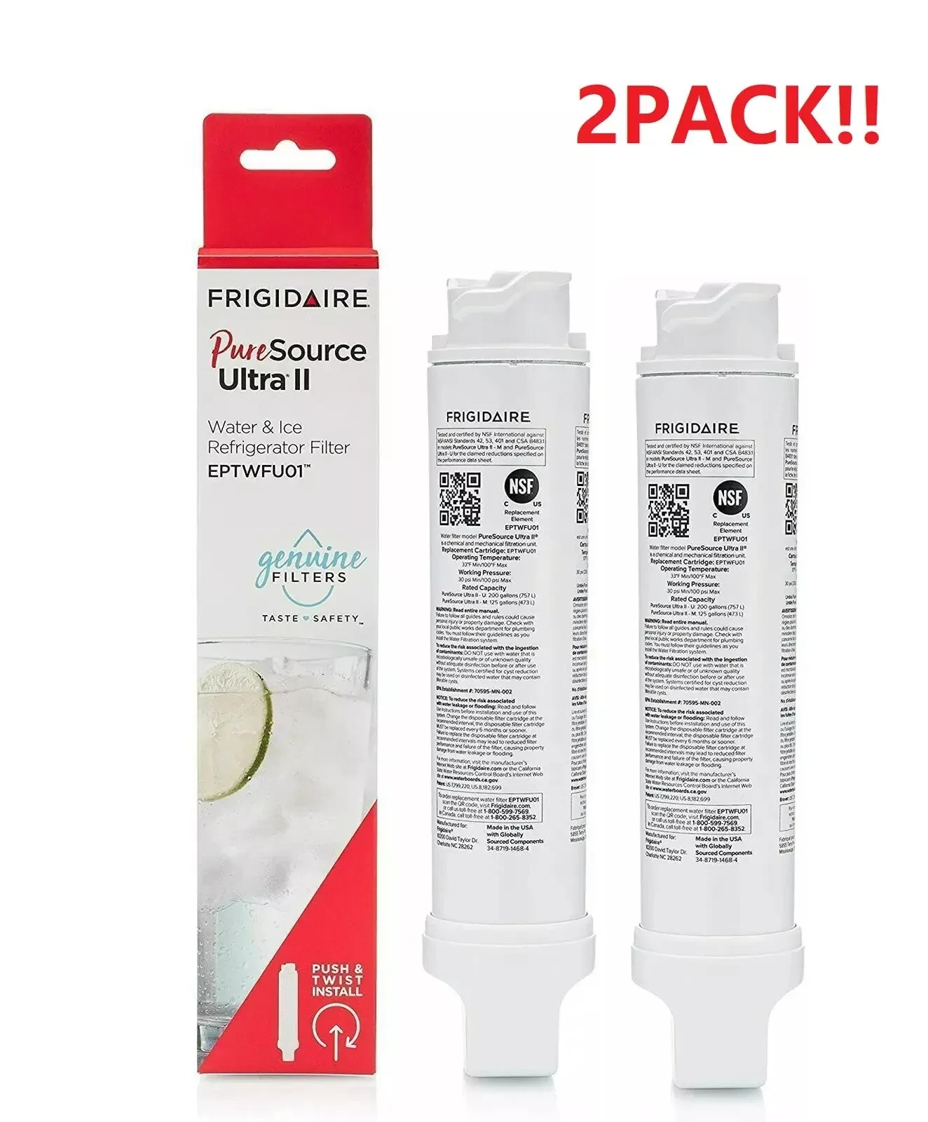 NEW 2 PACK Frigidaire EPTWFU01 Pure Source Ultra II Refrigerator Water Filter