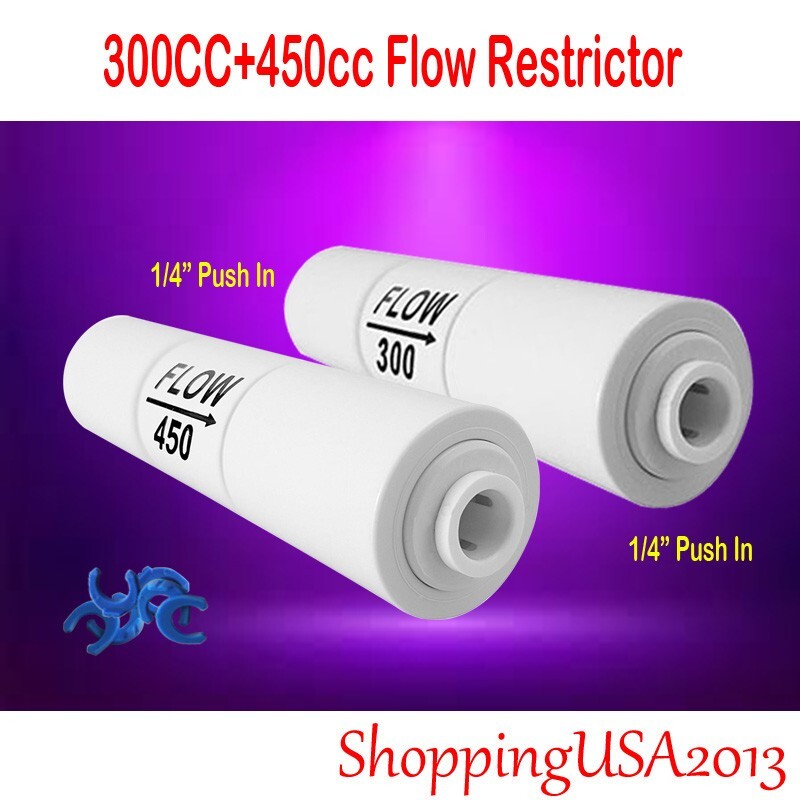 2 Pcs 300+450cc 1/4 Flow Restrictor Push In Quick Connect Under Sink RO