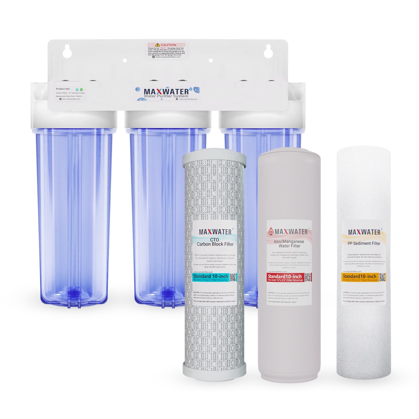 Max Water 3 Stages 10″x 2.5″ 3/4″ Port Whole House Iron Manganese Water Filter