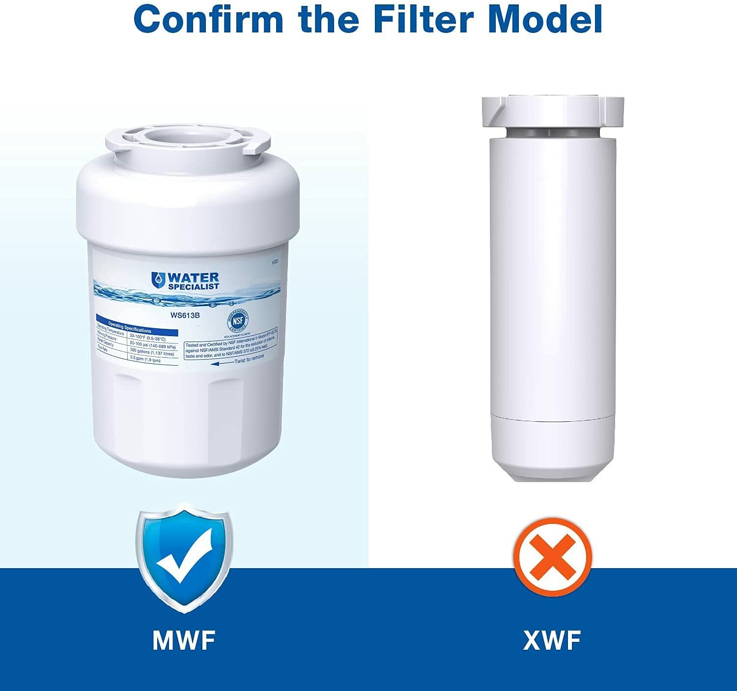 Waterspecialist MWF Refrigerator Water Filter, Replacement for GE® MWF (2)