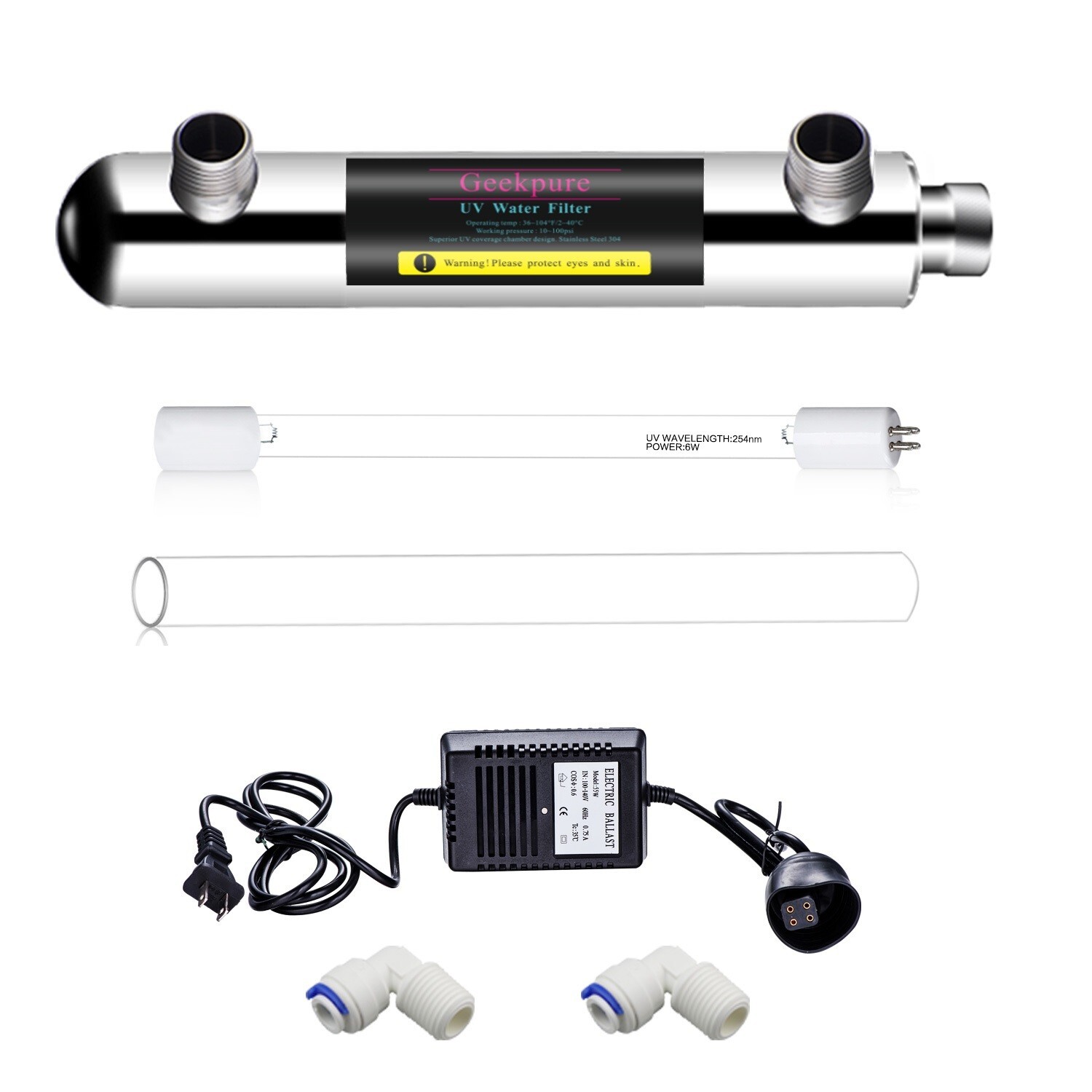 Geekpure 6 Watt U-V Water Filter for Reverse Osmosis Filtration (0.5-1 GPM)