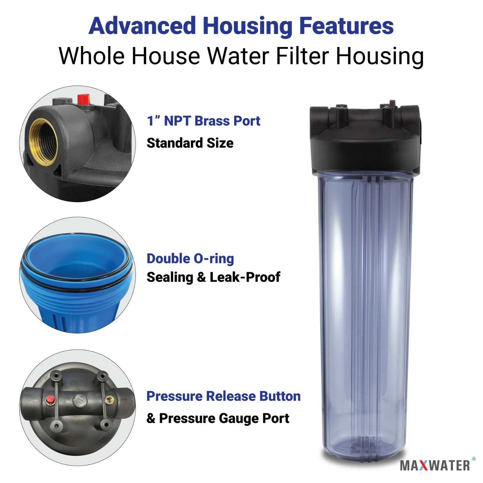 20″ x4.5″ Big Blue Transparent Whole House Filter Housing 1″ Ports Water System