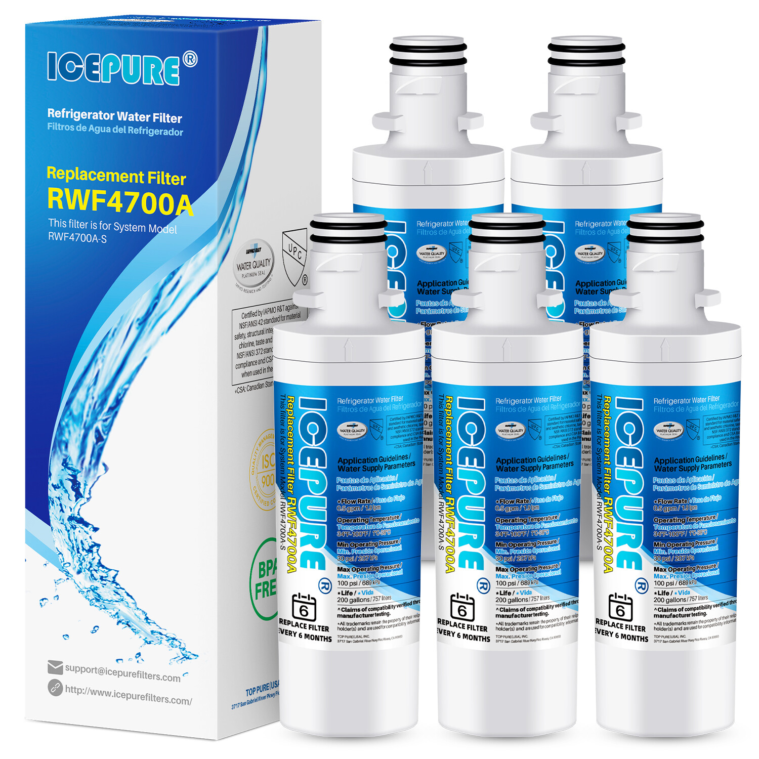 5 PACK Fit For lg lfxs26973d lmxs28626s lfxs26973s Water Filter Cartridge Icepur