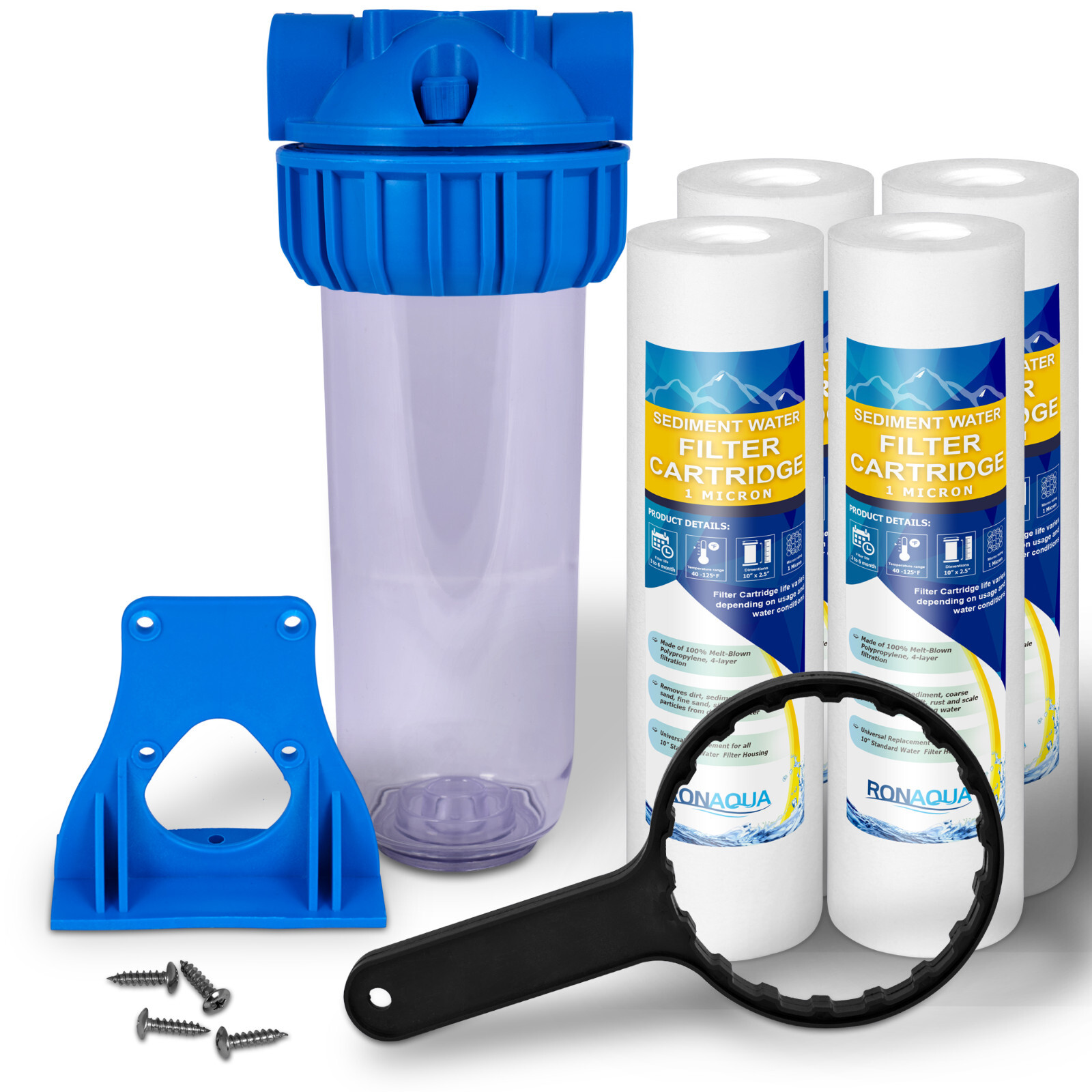 10″ Clear Standard Whole House Water Filter System 4 Sediment 1 Micron Filters